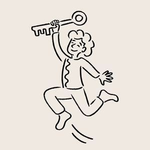 Illustratie van huurder met sleutel als symbool voor een nieuw thuis, onderdeel van de huisstijl en illustraties voor Dunavie door grafisch ontwerper en illustrator