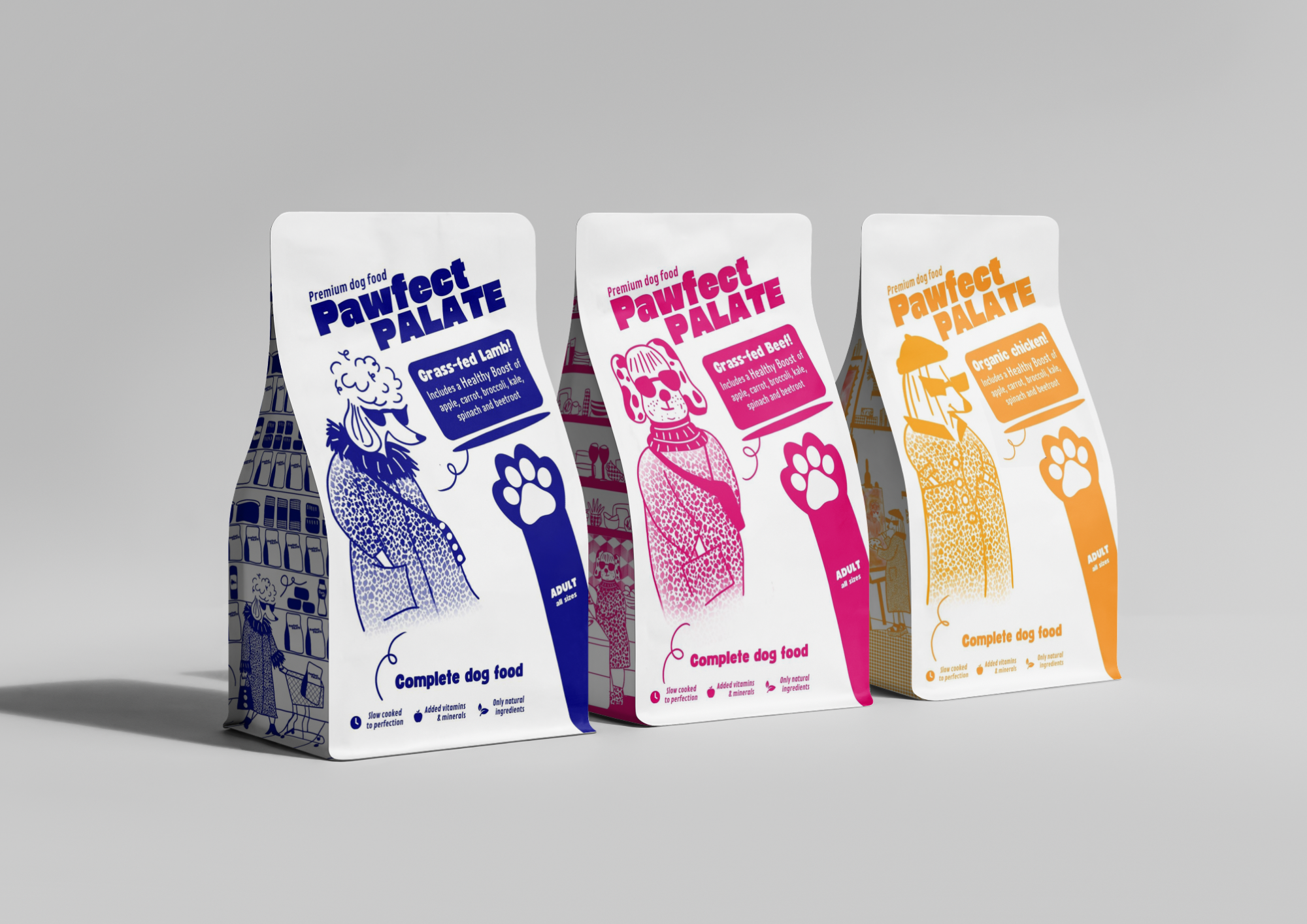 Verpakkingsontwerp Pawfect Palate – vrolijke hondenillustraties op voerzak, speels en kleurrijk grafisch design