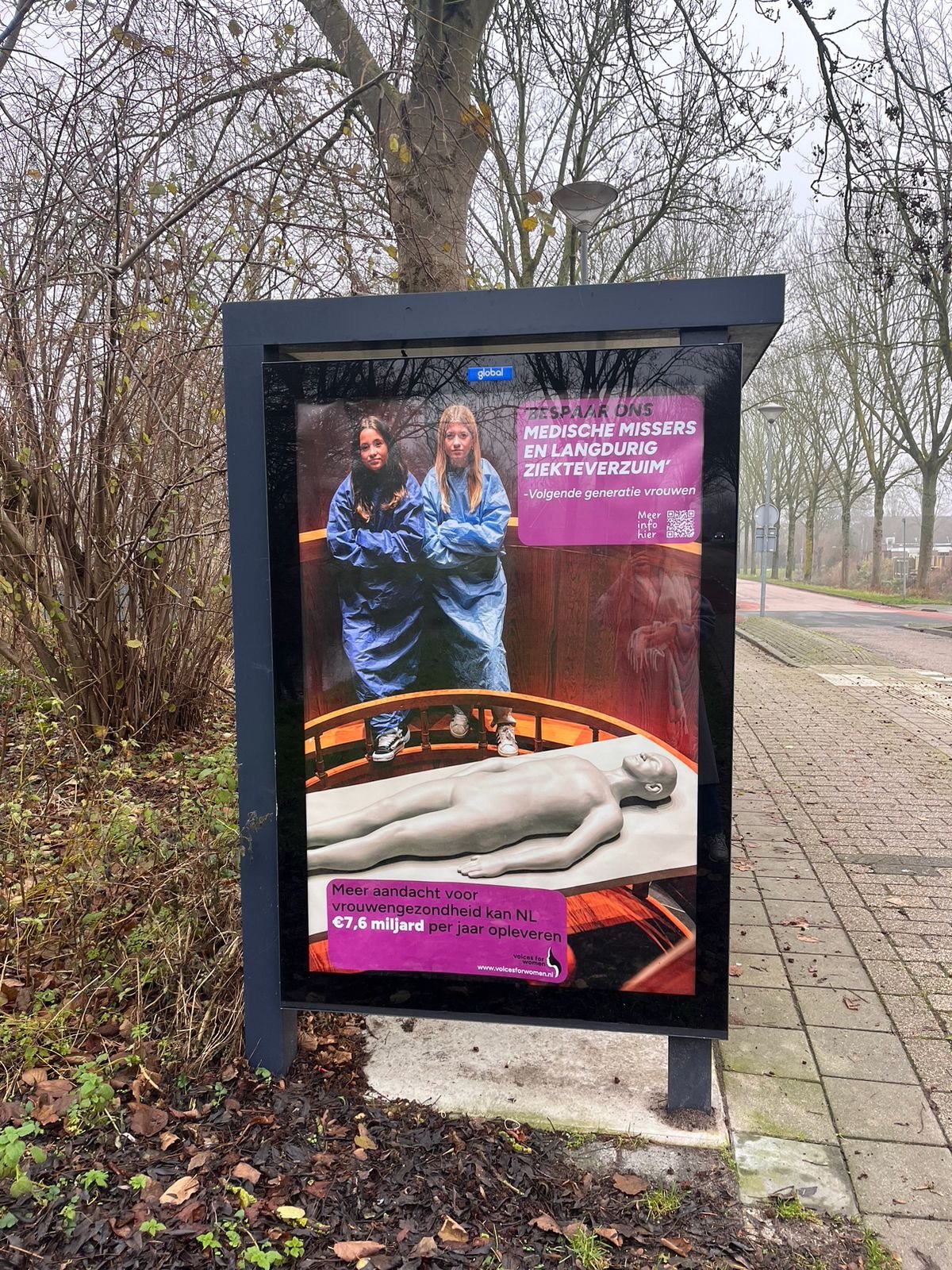 Posters professioneel ontworpen door branding and boosting over medische missers en vrouwengezondheid, met een afbeelding van twee vrouwen in blauwe medische kleding en een model van een vrouwenlichaam op een tafel.