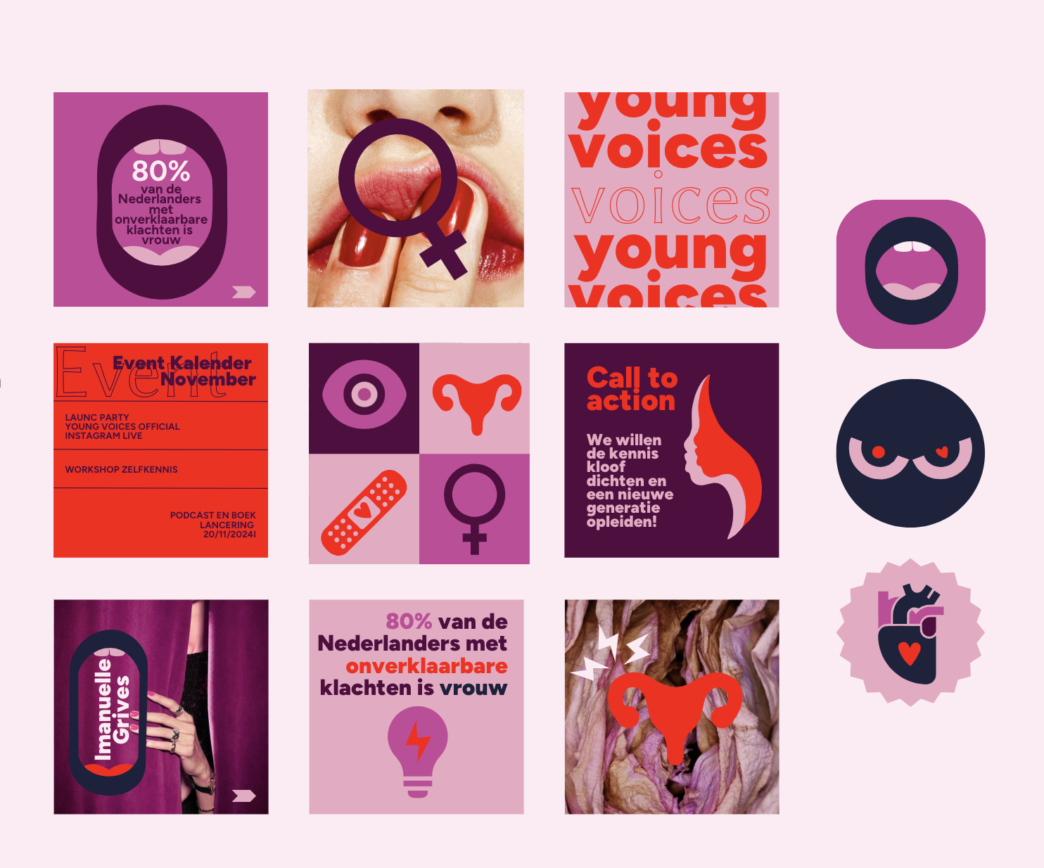 Reel template screenshot – ontwerp voor sociale video-content in de huisstijl van Young Voices for Women