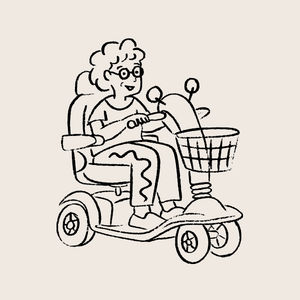 Illustratie van huurder op een scootmobiel, gemaakt voor de toegankelijke huisstijl van woningcorporatie Dunavie door grafisch ontwerper en illustrator