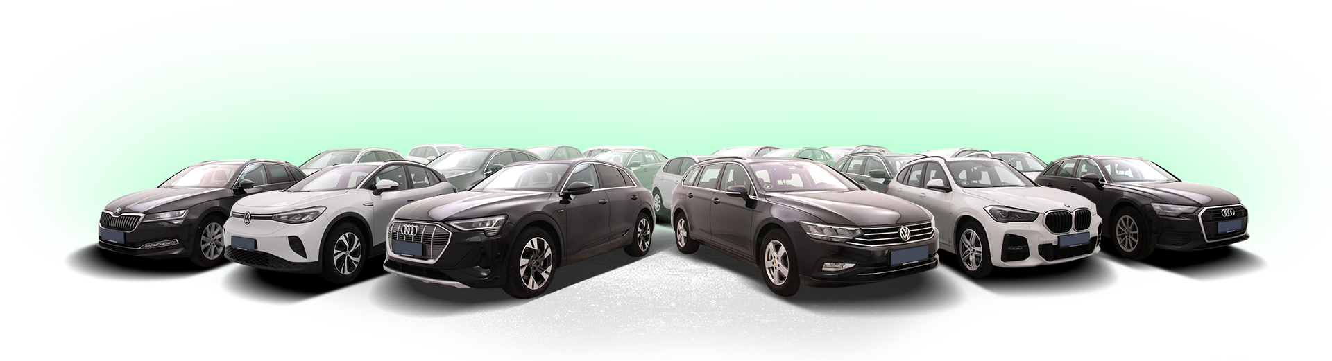 Lineup of many different brand cars such as Volskwagen, Audi, Skoda