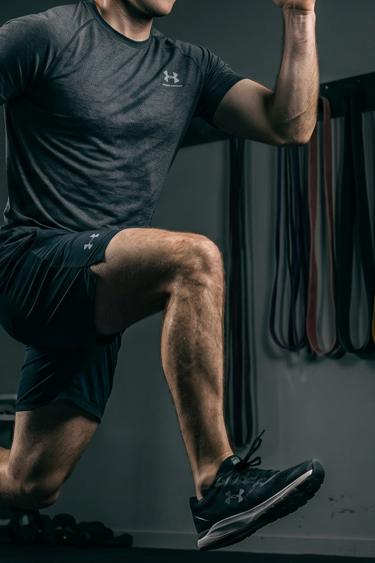 A man is performing a workout, wearing a dark Under Armour athletic shirt and shorts, with one knee raised and his arm flexed. Gym resistance bands are hanging on the wall in the background.
