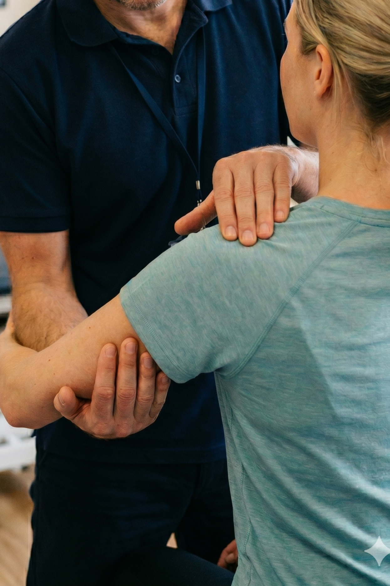 Medical professional assisting a patient with arm movement, in a clinical setting.