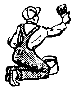 Line drawing of a person kneeling, with a paint bucket on the floor and holding a paint brush in one hand.