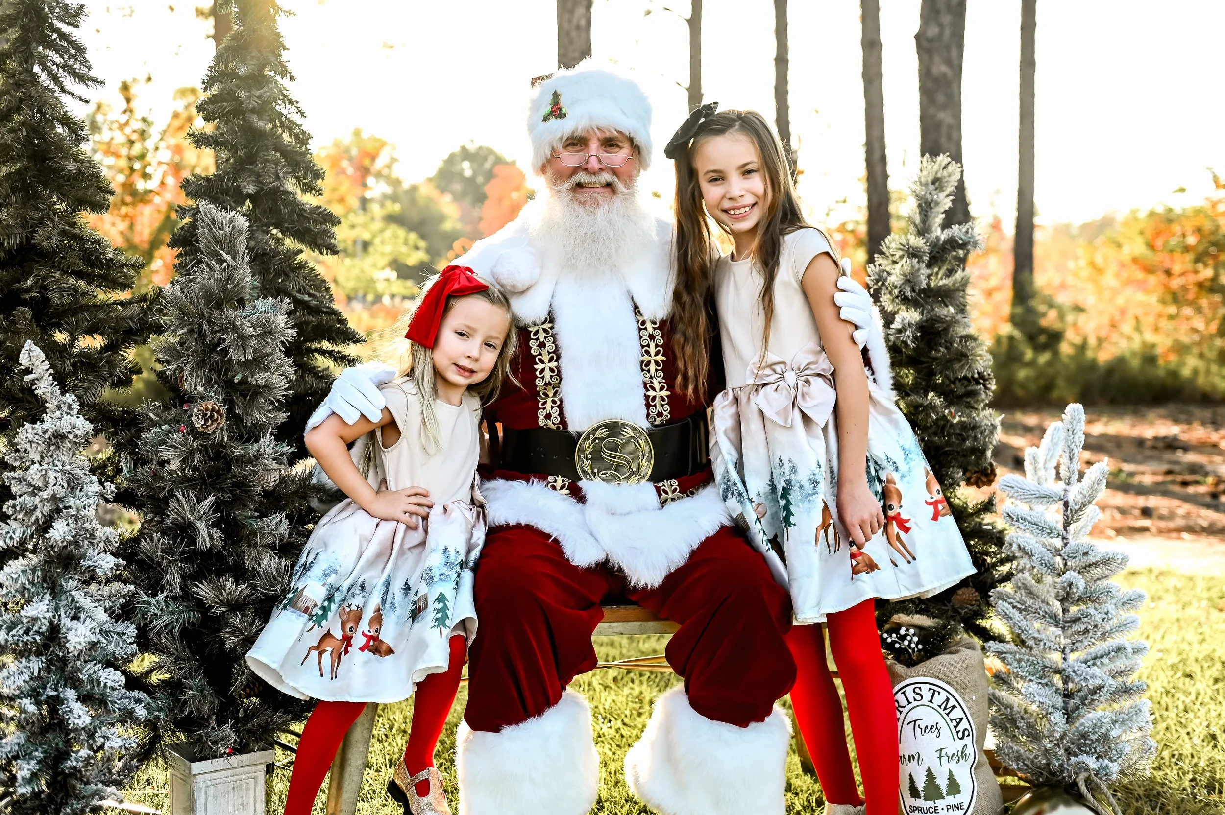 Santa Claus sitting with two young girls in festive dresses, surrounded by decorated pine trees, in an outdoor setting.