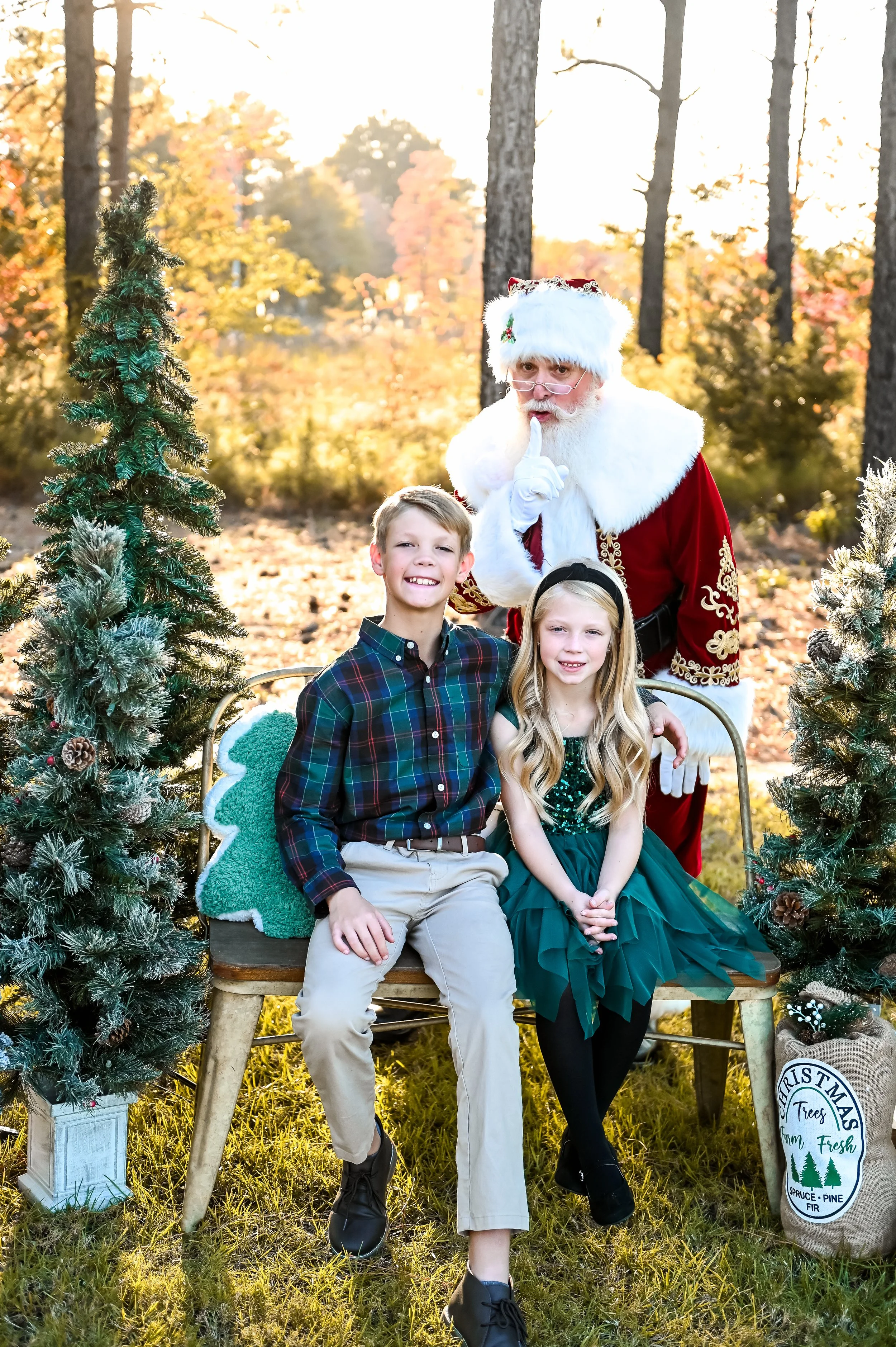Santa standing behind two kids Santa Experience