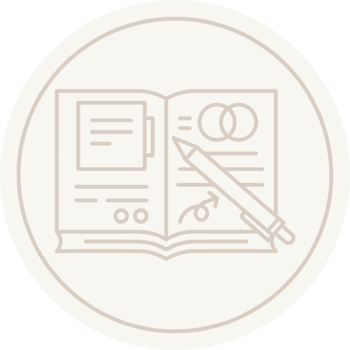 Outline illustration of an open notebook or planner with a pen resting on it, featuring some geometric shapes and text lines.