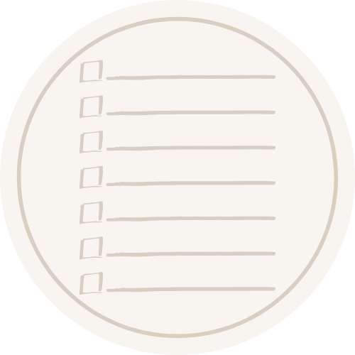 A circular illustration of a checklist with empty checkboxes and lines for writing.