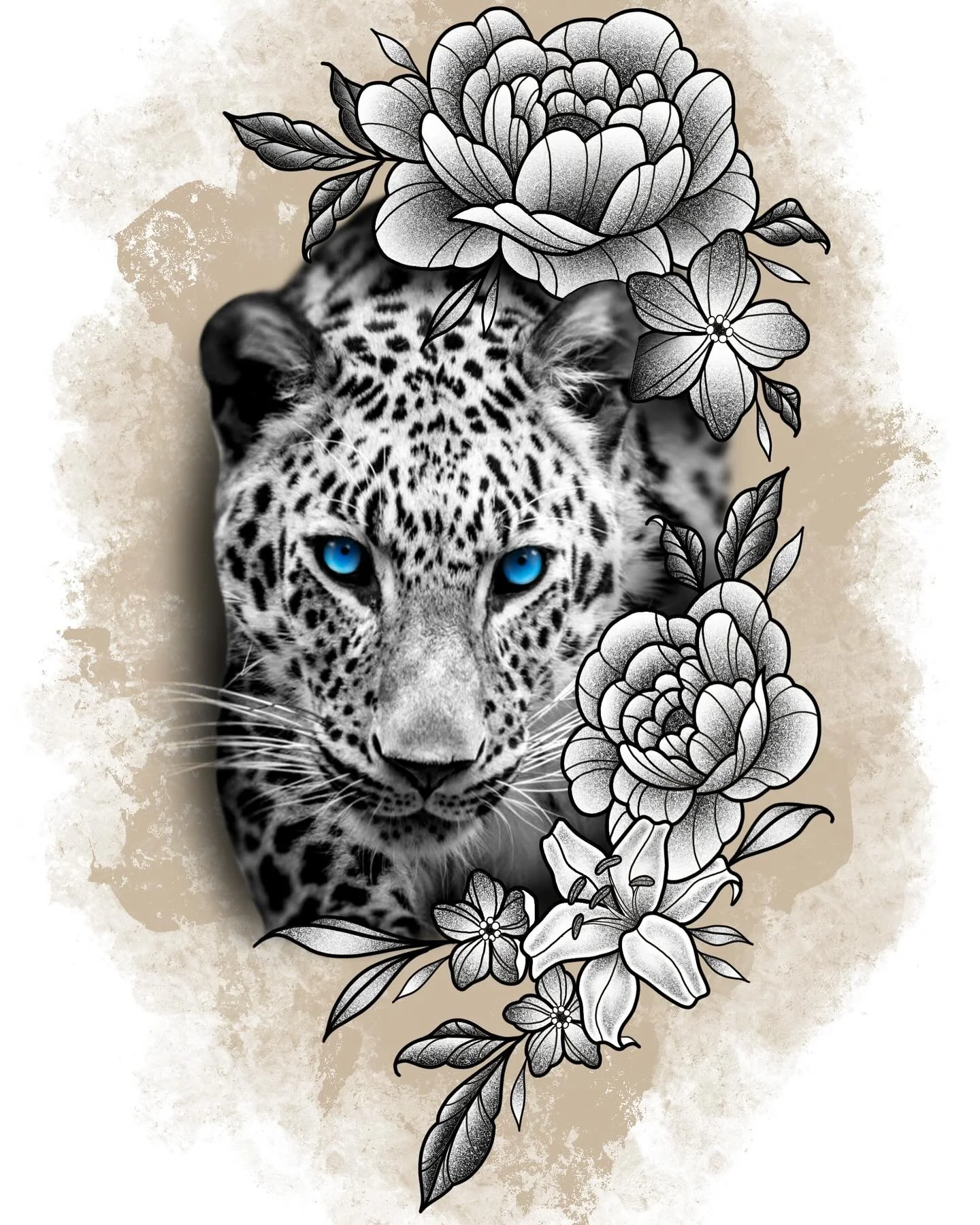 leopard blue eyes black grey realism tattoo