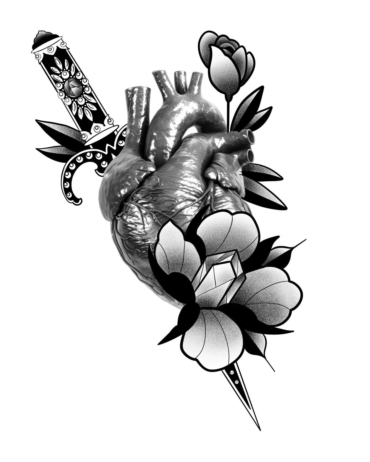 real heart dagger floral tattoo