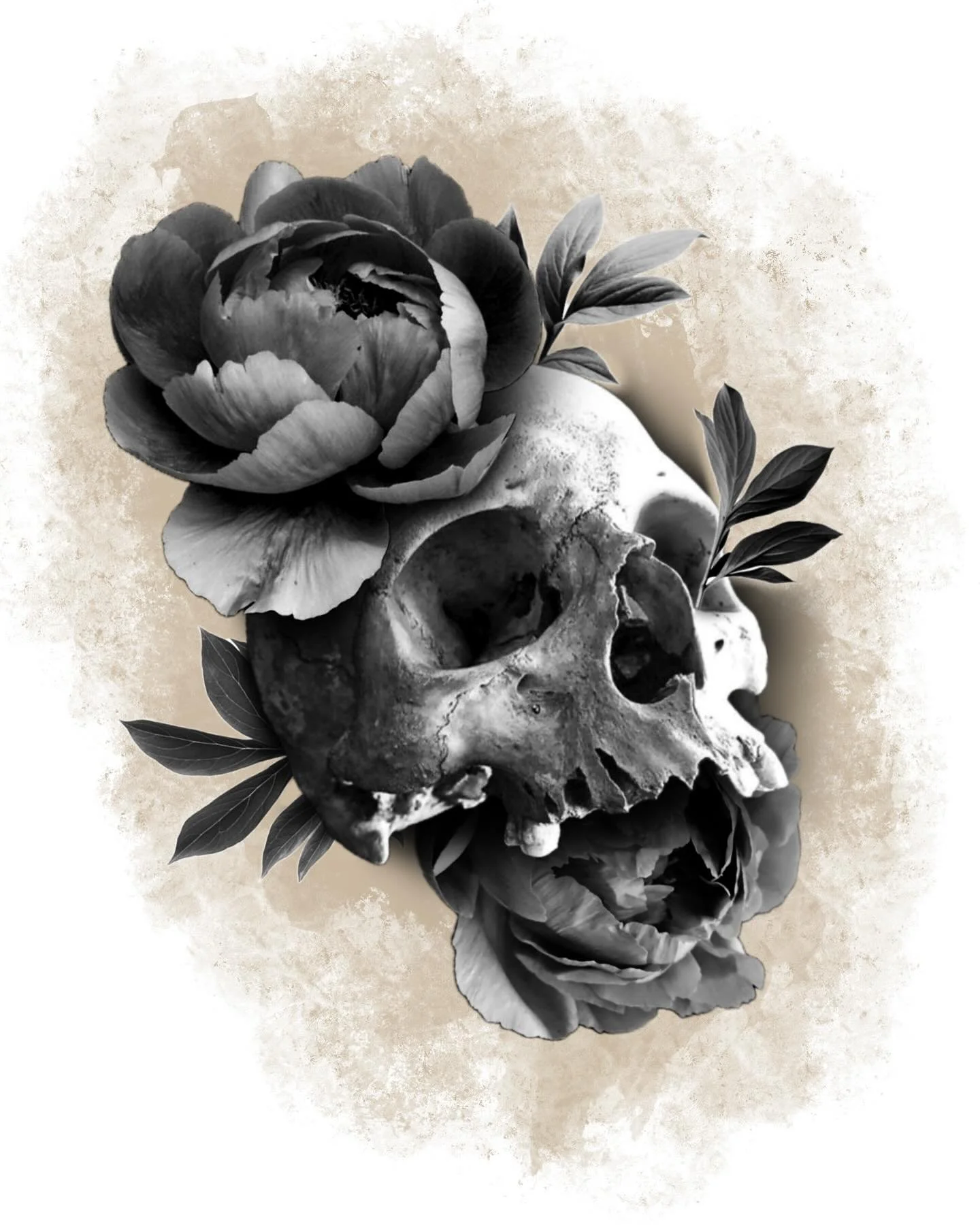 realism skull flower tattoo idea