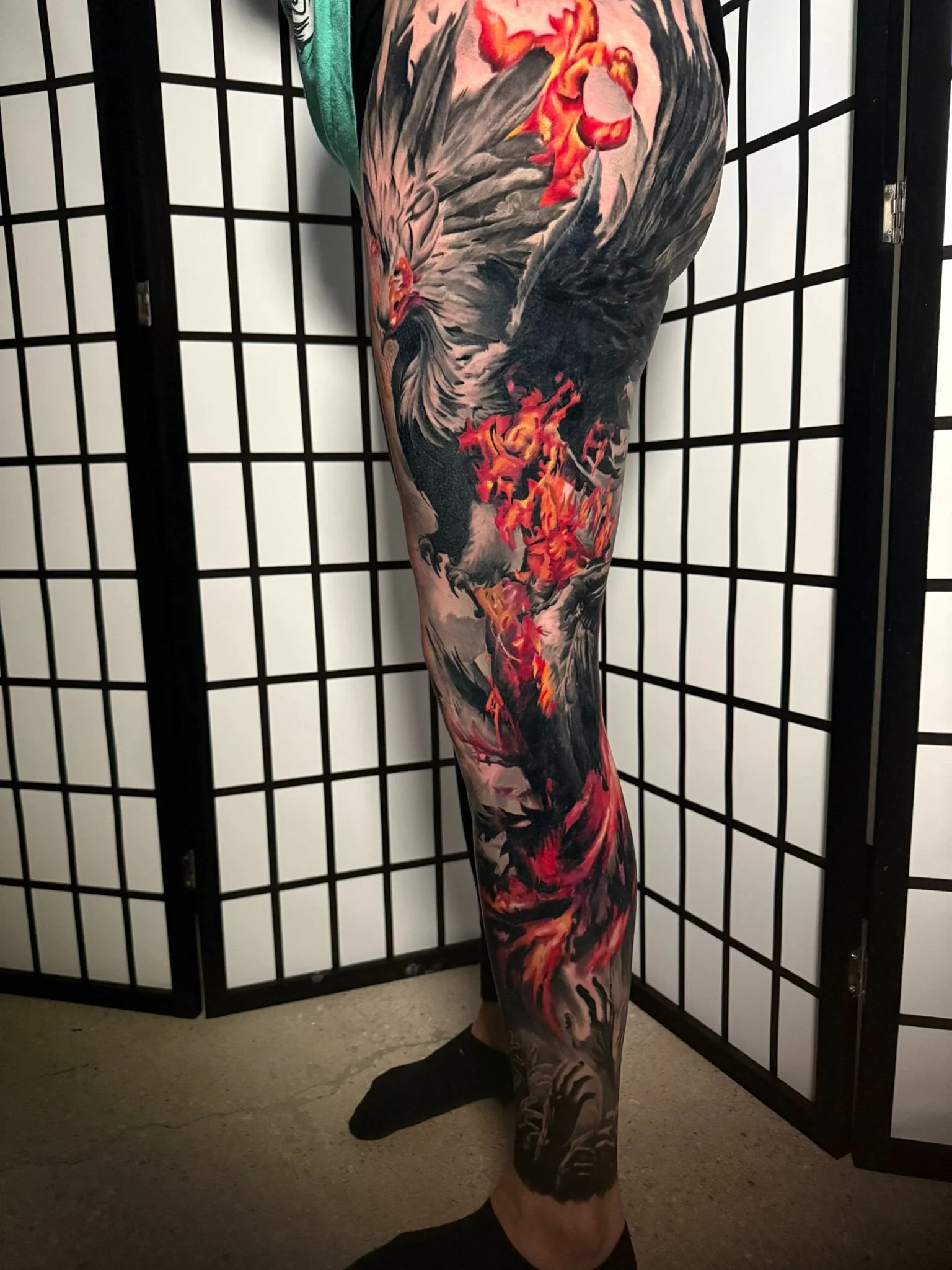 black grey color infusion phoenix fire tattoo leg sleeve