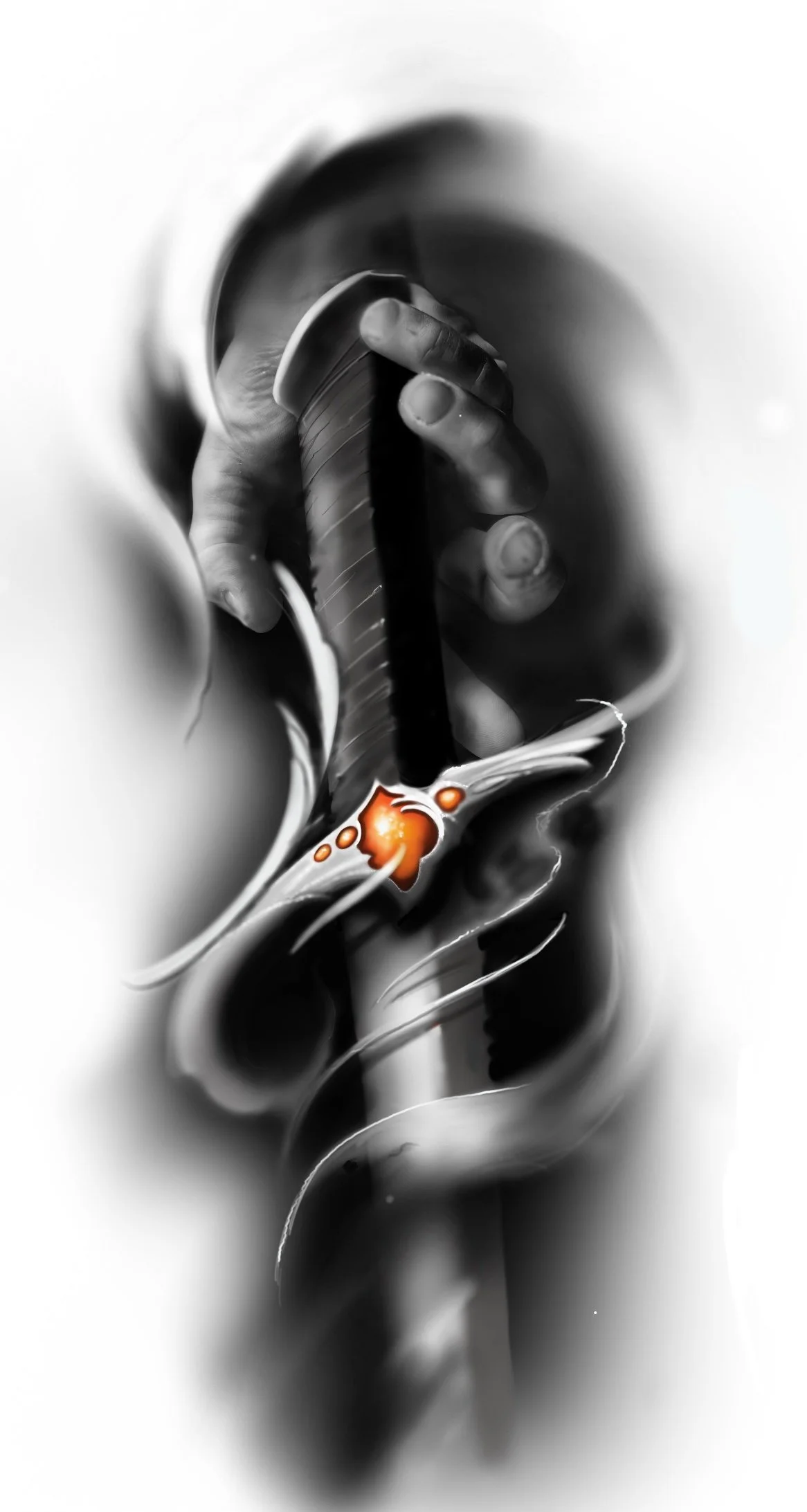 Black and white photo of a hand holding a stylus connected to a tablet with digital abstract flames at the tip.