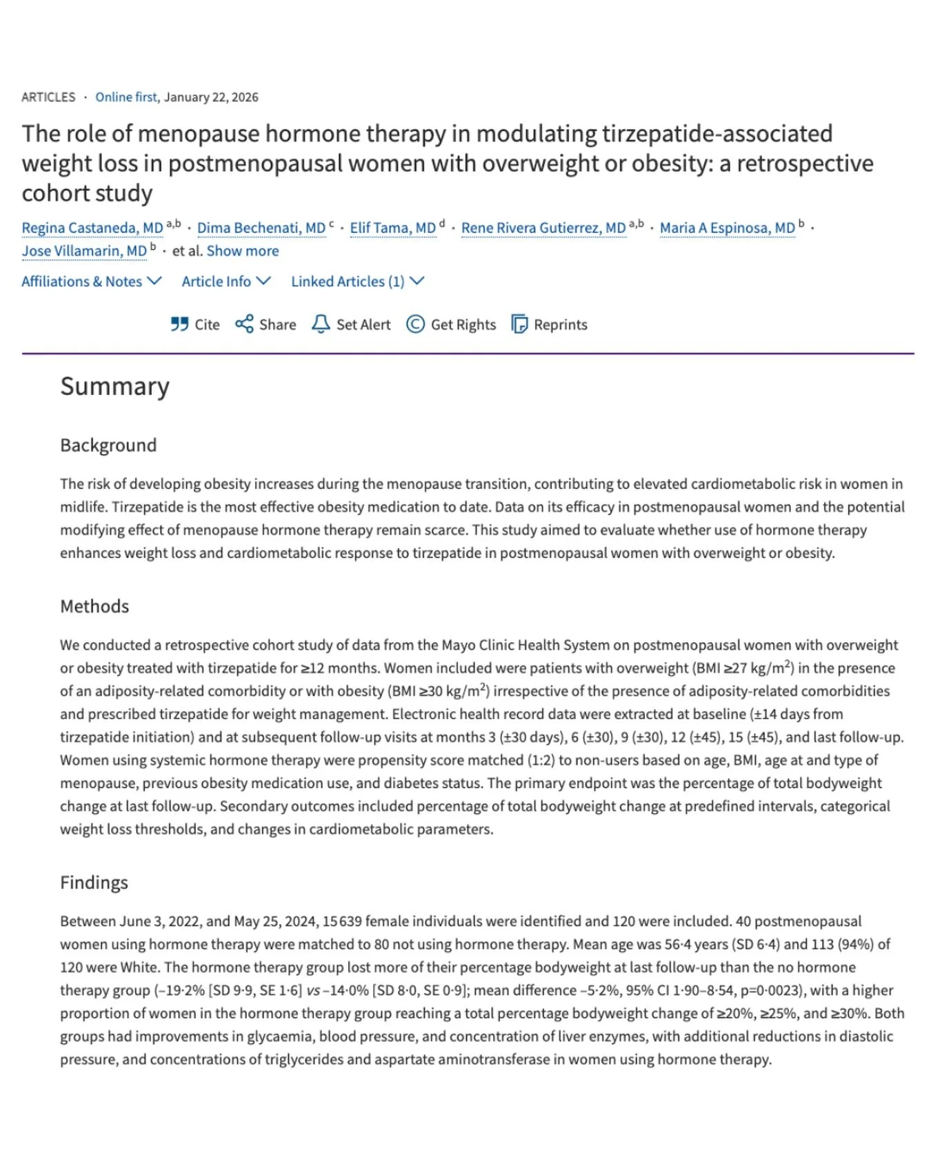 Women taking tirzepatide who were also on hormone therapy lost about 5.2% more weight than those not on HRT.

This recent analysis published in The Lancet caught my attention when thinking about weight management in postmenopausal women. This differe