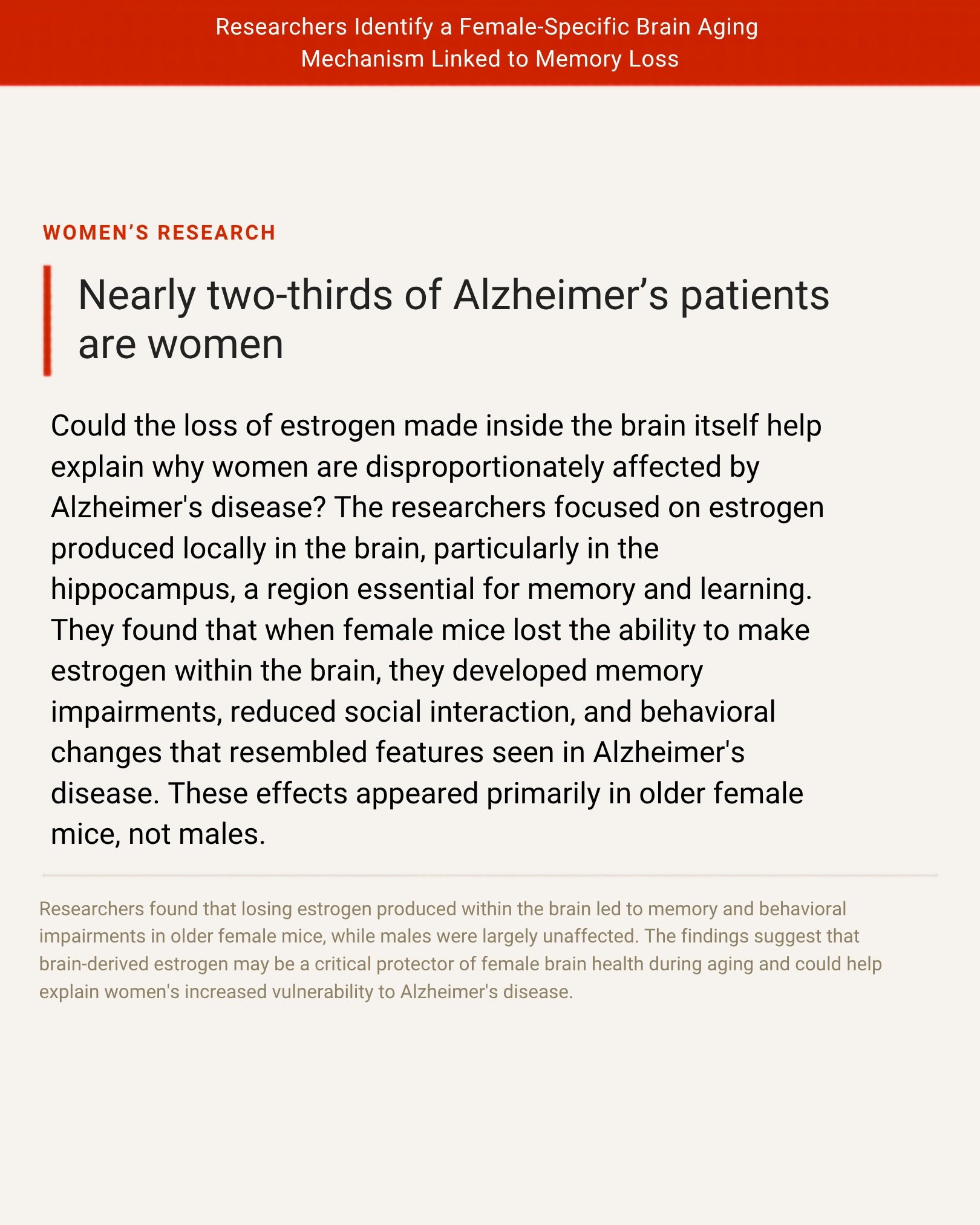 Why are nearly two-thirds of Alzheimer&rsquo;s patients women?

New research suggests that estrogen produced within the brain itself may play a role in memory, cognition, and healthy brain aging. While this study was conducted in mice and does not pr