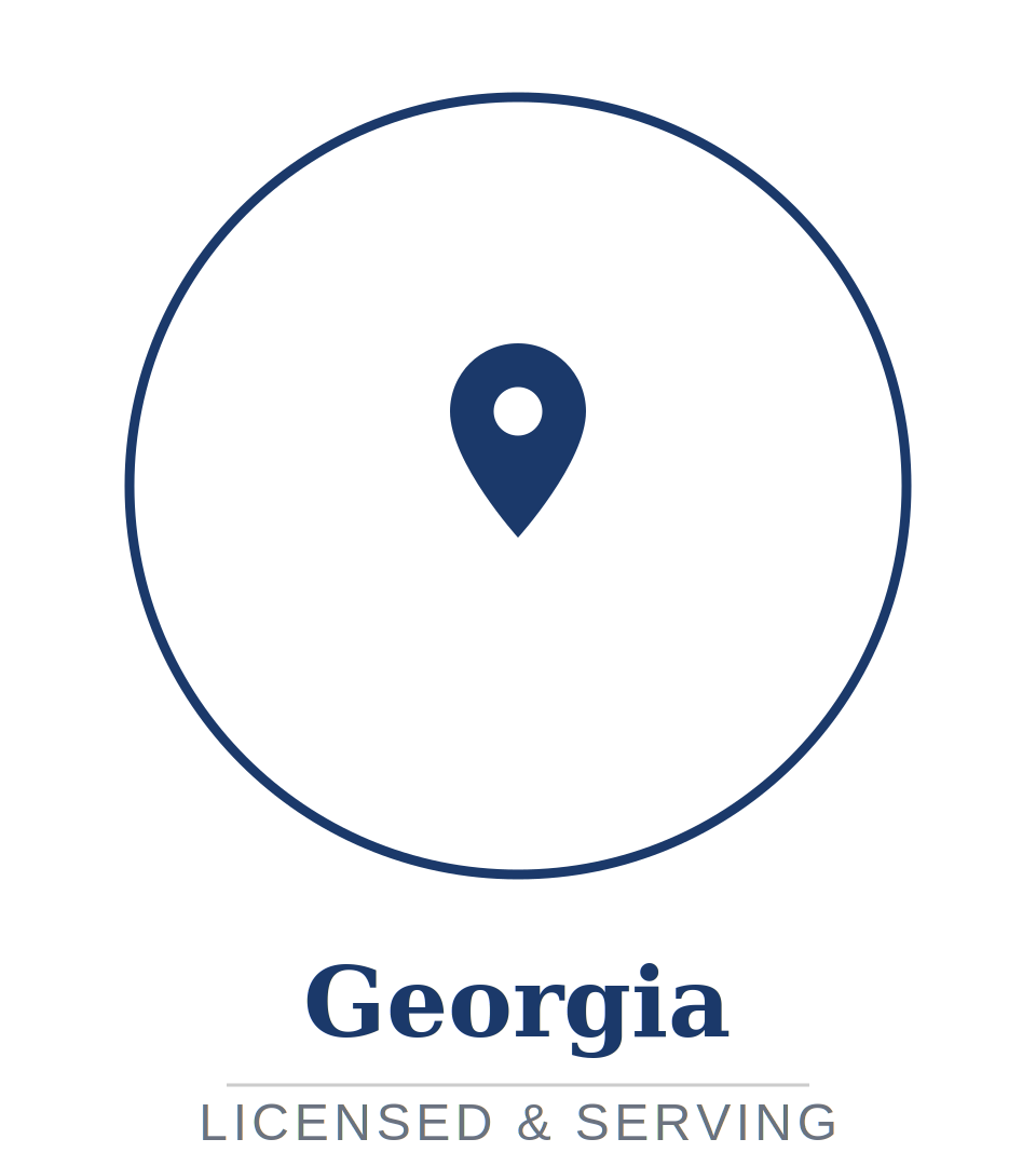A circular badge with the outline of the state of Georgia in blue in the center, and a location pin icon inside it. Below the circle, it says "Georgia" in large blue letters, and underneath that, it says "LICENSED & SERVING" in smaller uppercase letters.
