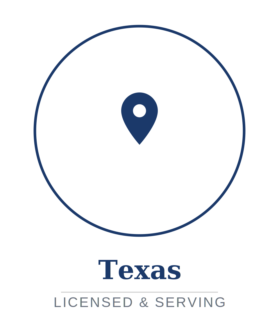Texas state map with a location pin in the center and the text 'Texas' below, followed by 'Licensed & Serving'.