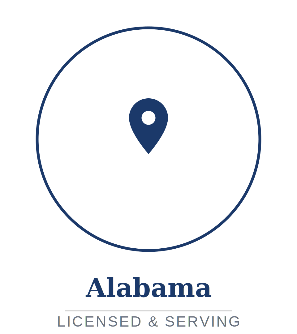 Map of Alabama with a location pin icon and the words Alabama, Licensed & Serving underneath.