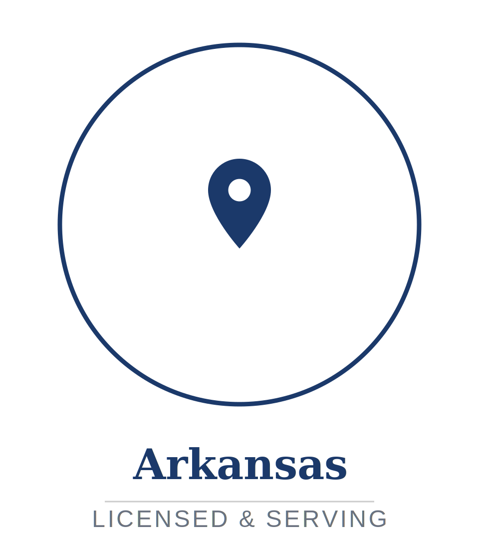A map of Arkansas with a location pin in the center surrounded by a blue circle. Below the map, the text reads 'Arkansas' in large font and 'Licensed & Serving' in smaller font underneath.