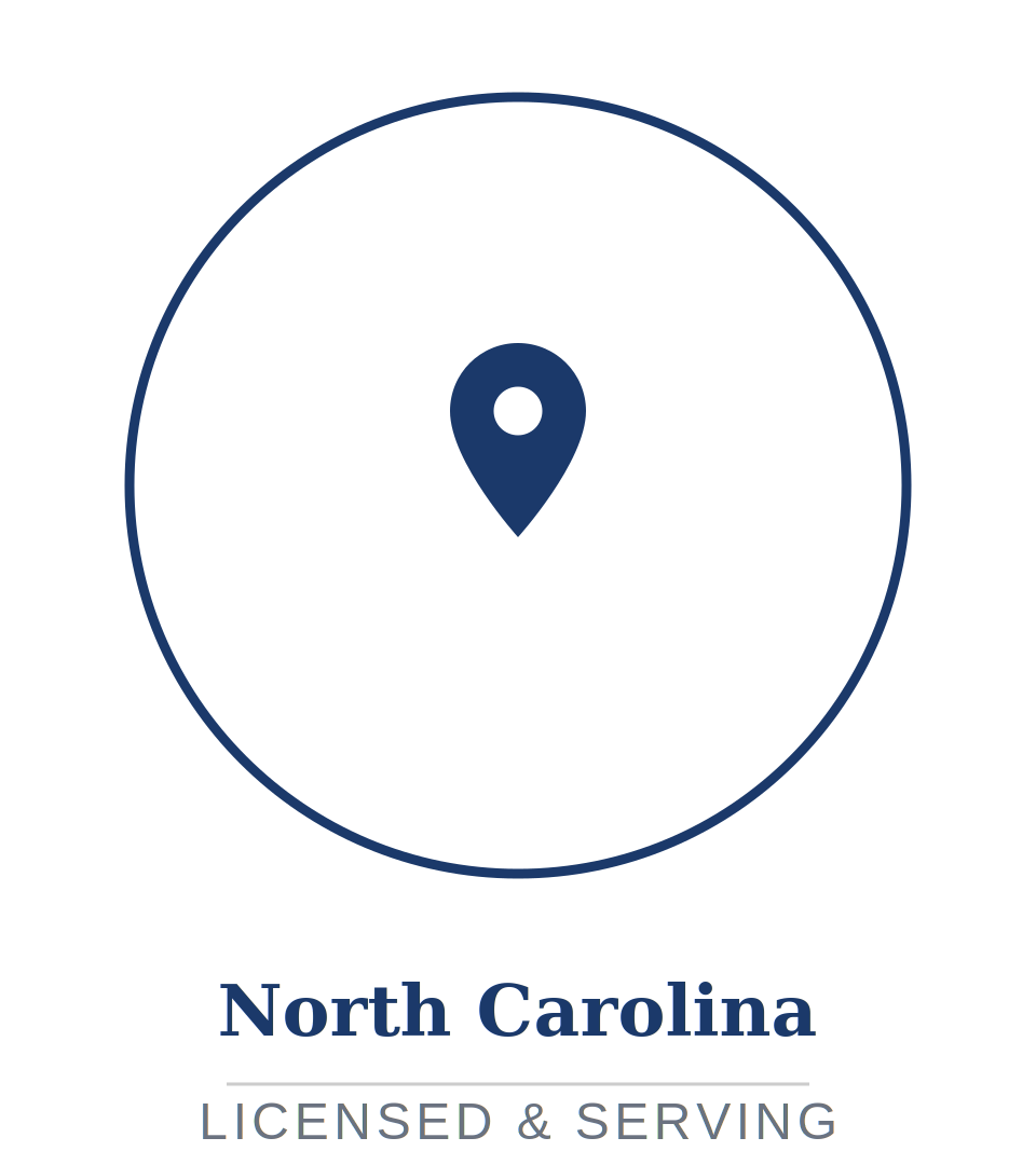 Map of North Carolina with a location pin. Text below reads 'North Carolina' and 'Licensed & Serving'.
