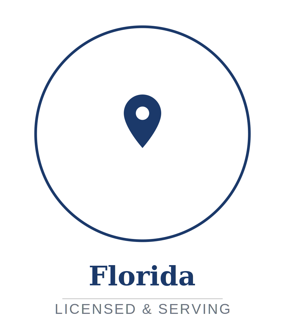 Map marker icon centered inside a circle, with 'Florida' written below and 'Licensed & Serving' underneath in smaller letters.