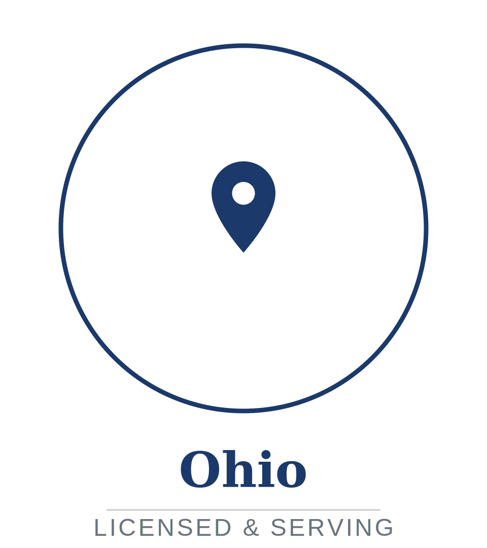 Map of Ohio with a location pin, with the text 'Ohio' and 'Licensed & Serving' below.