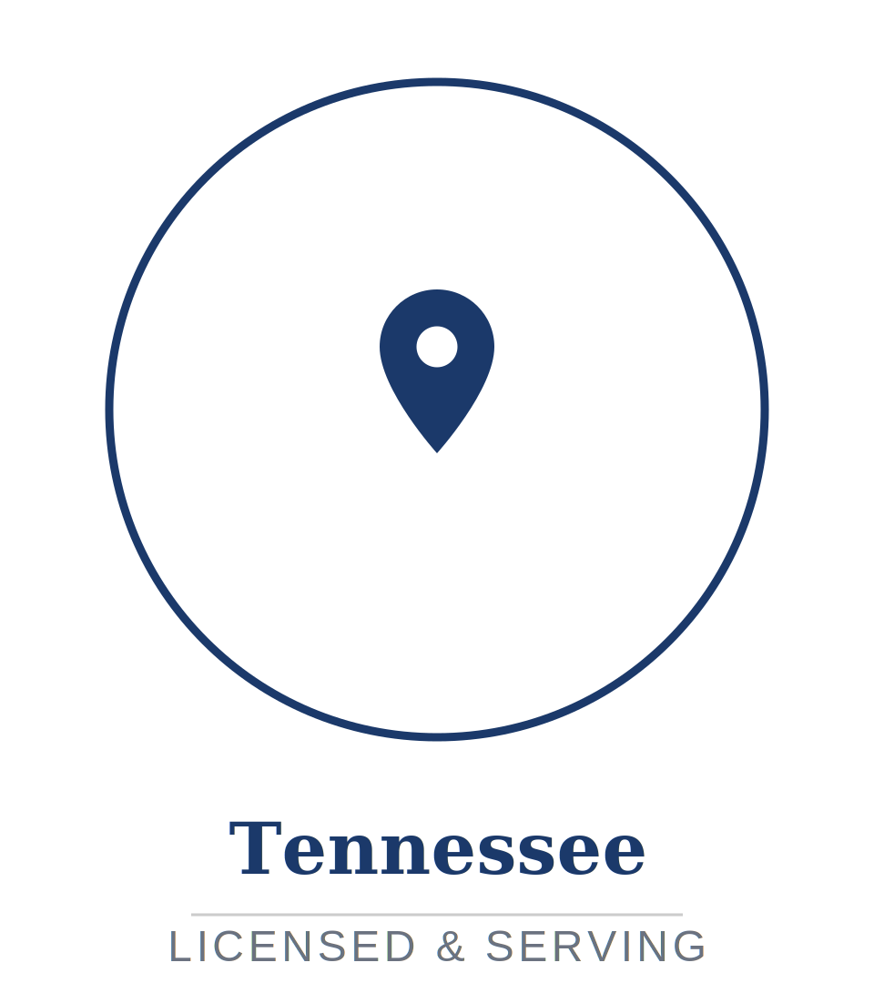 Graphic of a map pin inside a circle, with the text 'Tennessee' and 'Licensed & Serving' below.