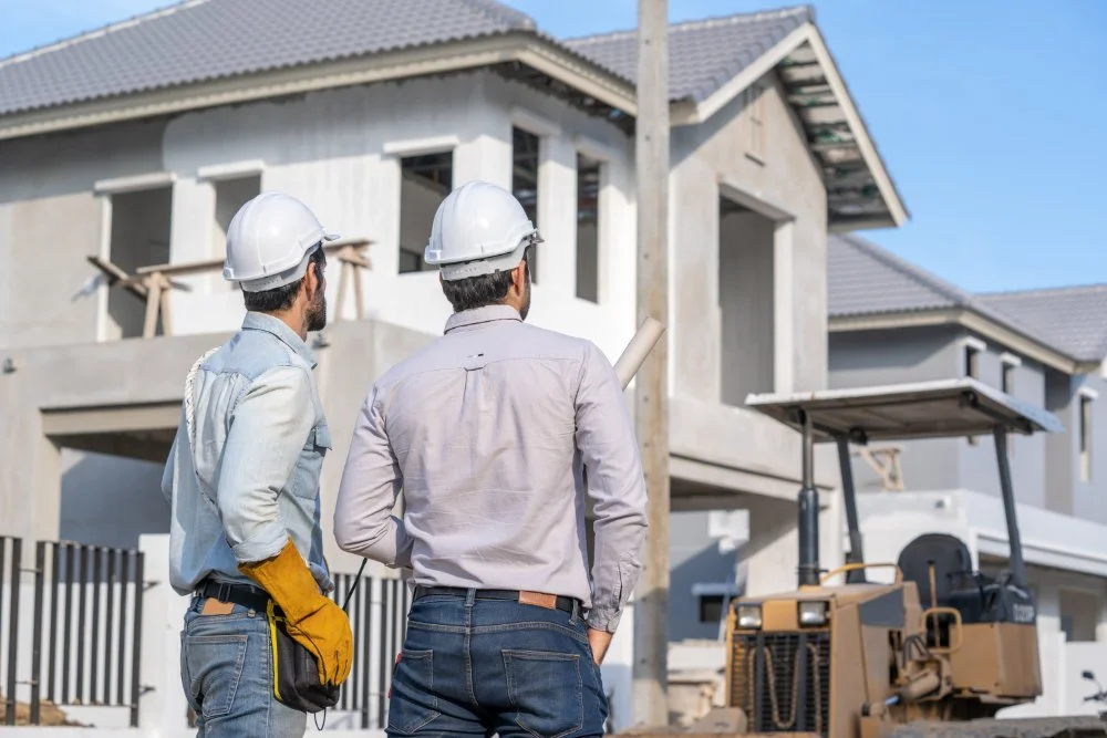 Two construction workers in hard hats look at a house under construction, with building equipment nearby.