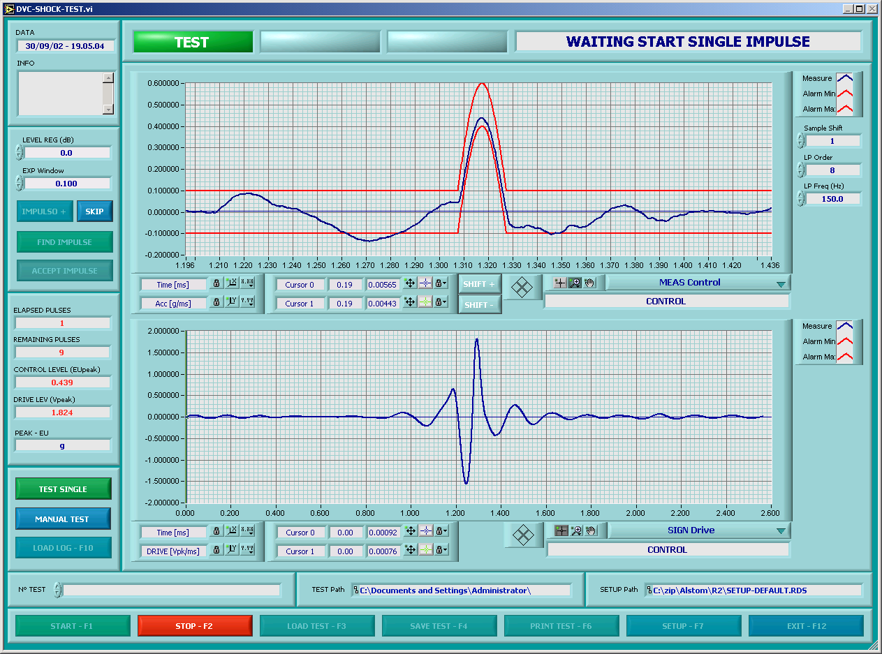 Graphical interface for shock test analysis with dual waveform graphs and control options.