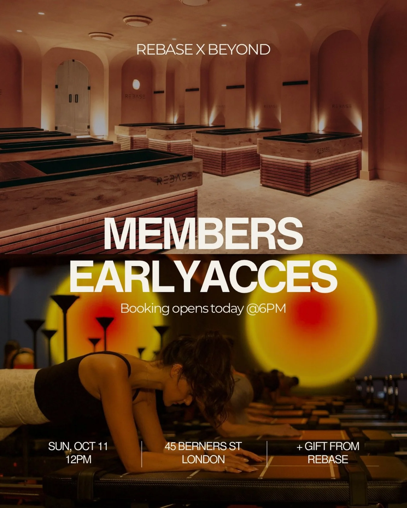 A little perk of being a Member of BEYOND 🧡

REBASE x BEYOND is back! One class only: Sunday 11 October at 12pm, with a gift from REBASE for a free cold plunge &amp; sauna session waiting for you afterwards 🥶🥵🧖&zwj;♀️🧖

Members, booking opens TO