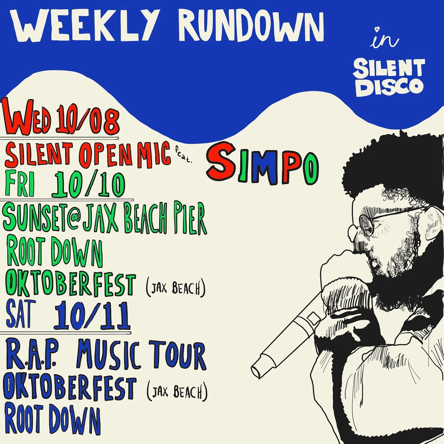 This week&rsquo;s Silent Disco schedule 🪩✨

&bull; SILENT OPEN MIC: LIVE EVENT
📆 : Wed, Oct 8th
📍 : 41 E Duval Street 
🚗 : FREE street parking after 6PM
🎧 : Starting with a featured performer to kick off the night, followed by up to 20 open mic 