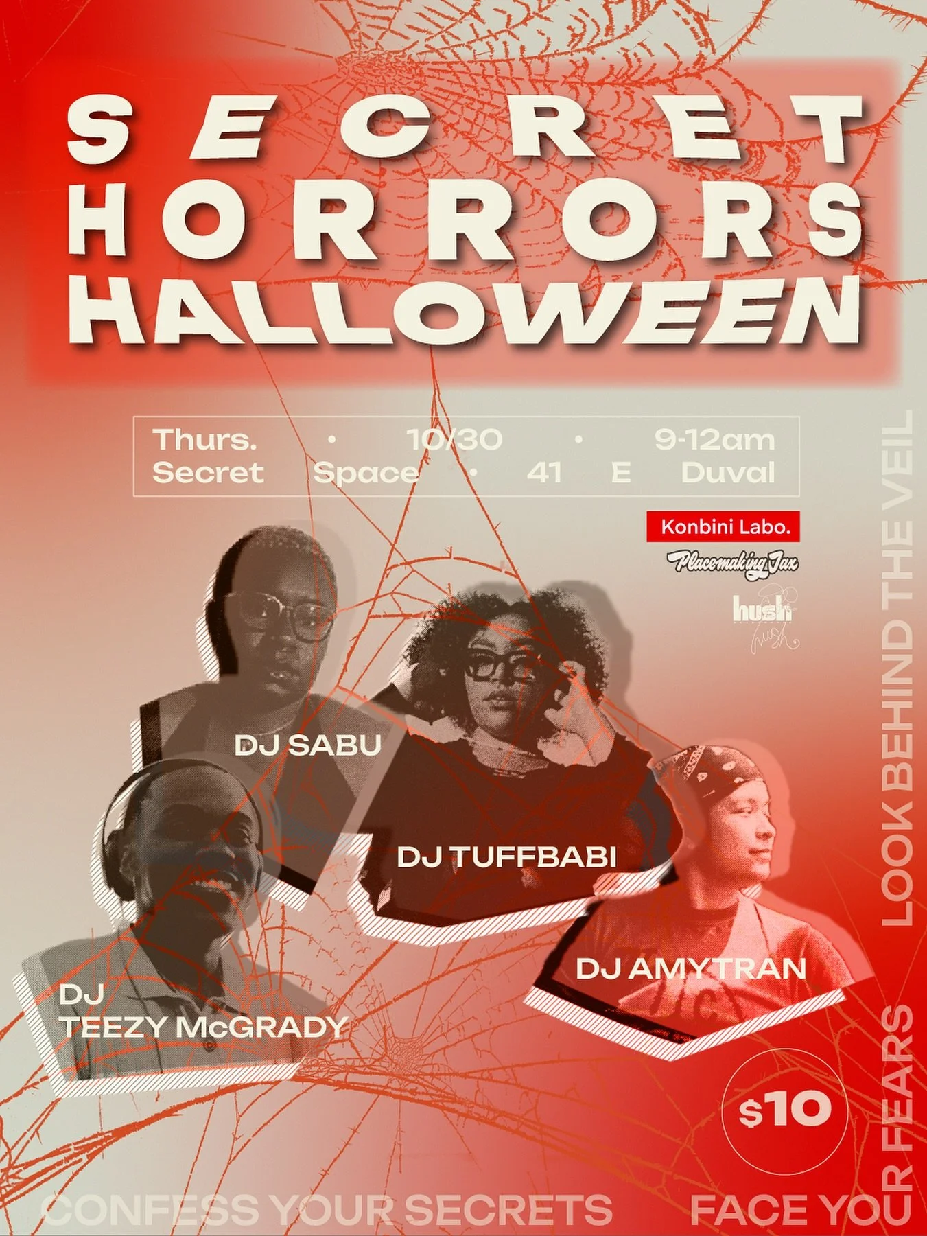 👹 SECRET HORRORS HALLOWEEN 👹

📆 Thursday, October 30th
🕕 9-12AM
📍41 E Duval St, Jacksonville

 🎟️ $10 Headphone Rental

🎶 3 Channels | 4 Live DJs 
🔵 Blue Channel &ndash; @93teez at 9PM | @tuffbabi at 10:10PM 
🟢 Green Channel &ndash; @sabu.du