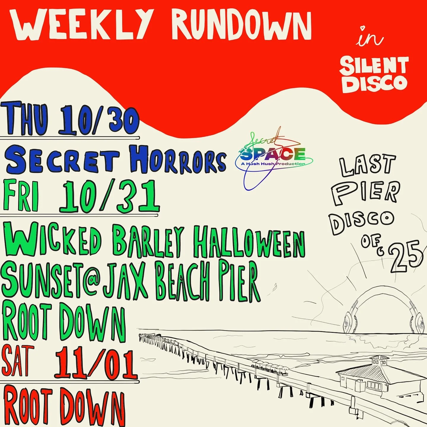 This week&rsquo;s Silent Disco schedule 🪩✨

&bull; SECRET HORRORS HALLOWEEN
📆 : Thursday, Oct 30th
📍 : 41 E Duval St. &bull; @placemakingjax 
🕖 : 9pm - 12am
🧑&zwj;🧑&zwj;🧒&zwj;🧒 : All ages welcome 💃🏻🕺🏽
🎧 : 3 Channels &bull; 4 Live DJ&rsqu