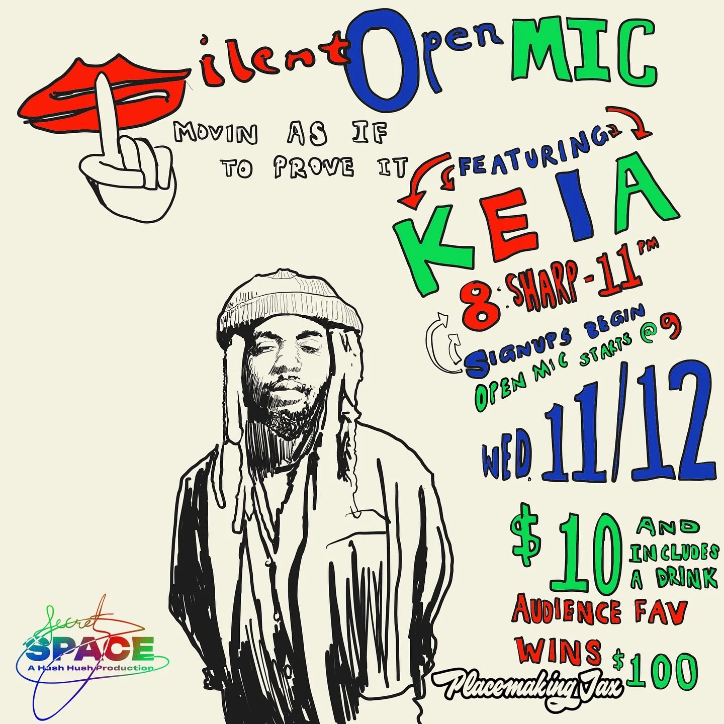 🎤 SILENT OPEN MIC RETURNS NEXT WEDNESDAY, NOV 12TH 🎤

This month our featured performer to kick off the night is  KEIA, a rising artist from Atlanta, who draws inspiration from Kendrick Lamar, Saba, Westside BOOGIE, Femdot, and J. Cole. Known for h