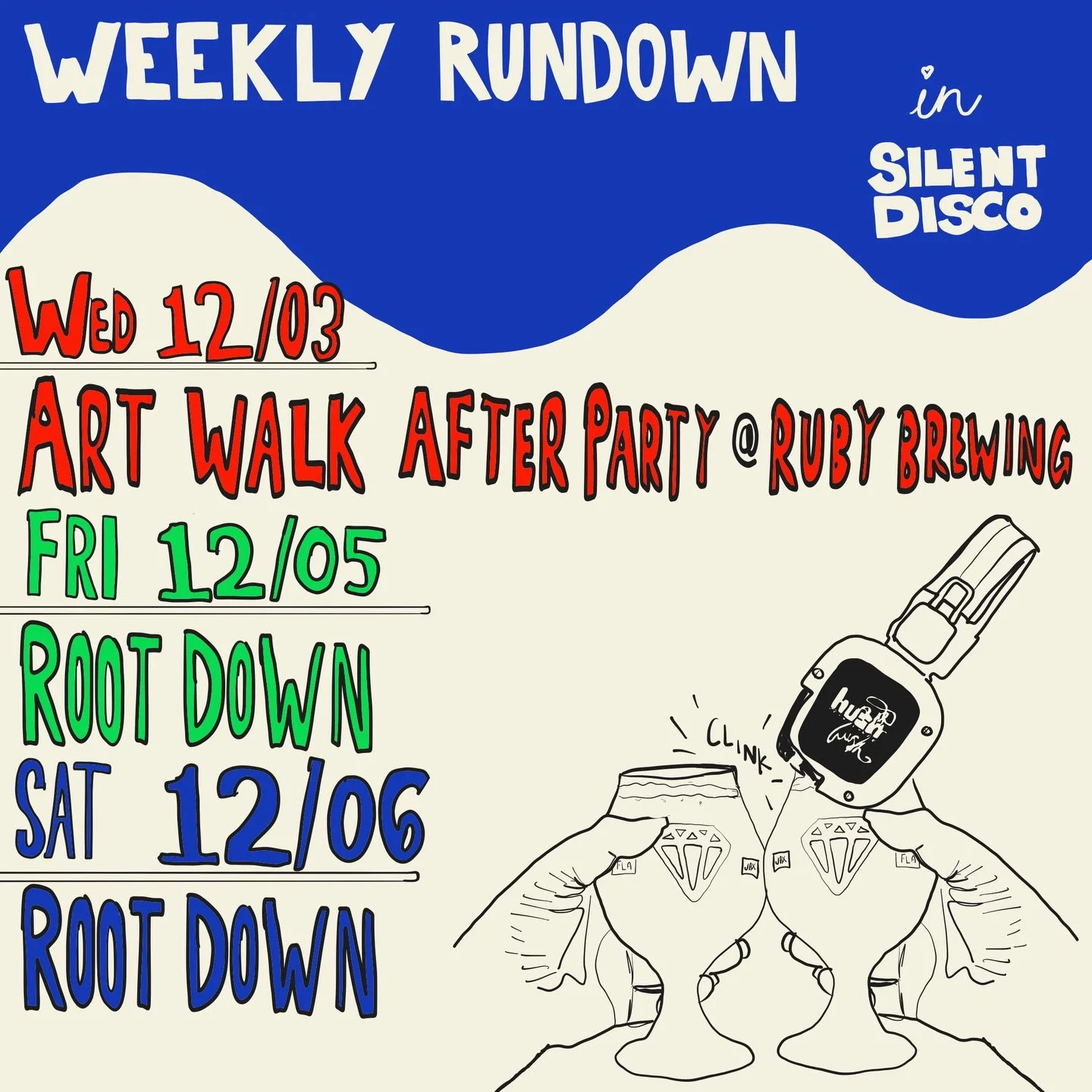 This week&rsquo;s Silent Disco schedule 🪩✨

&bull; ART WALK AFTER PARTY SILENT DISCO
📆 : Wednesday, December 3rd &bull; Monthly every 1st Wednesday
📍 : 228 E Forsyth St &bull; @rubybeachbrewing 
🕗 : 8pm - 12am
🎧 : $5 headphone rental
🪪 : Ages 1