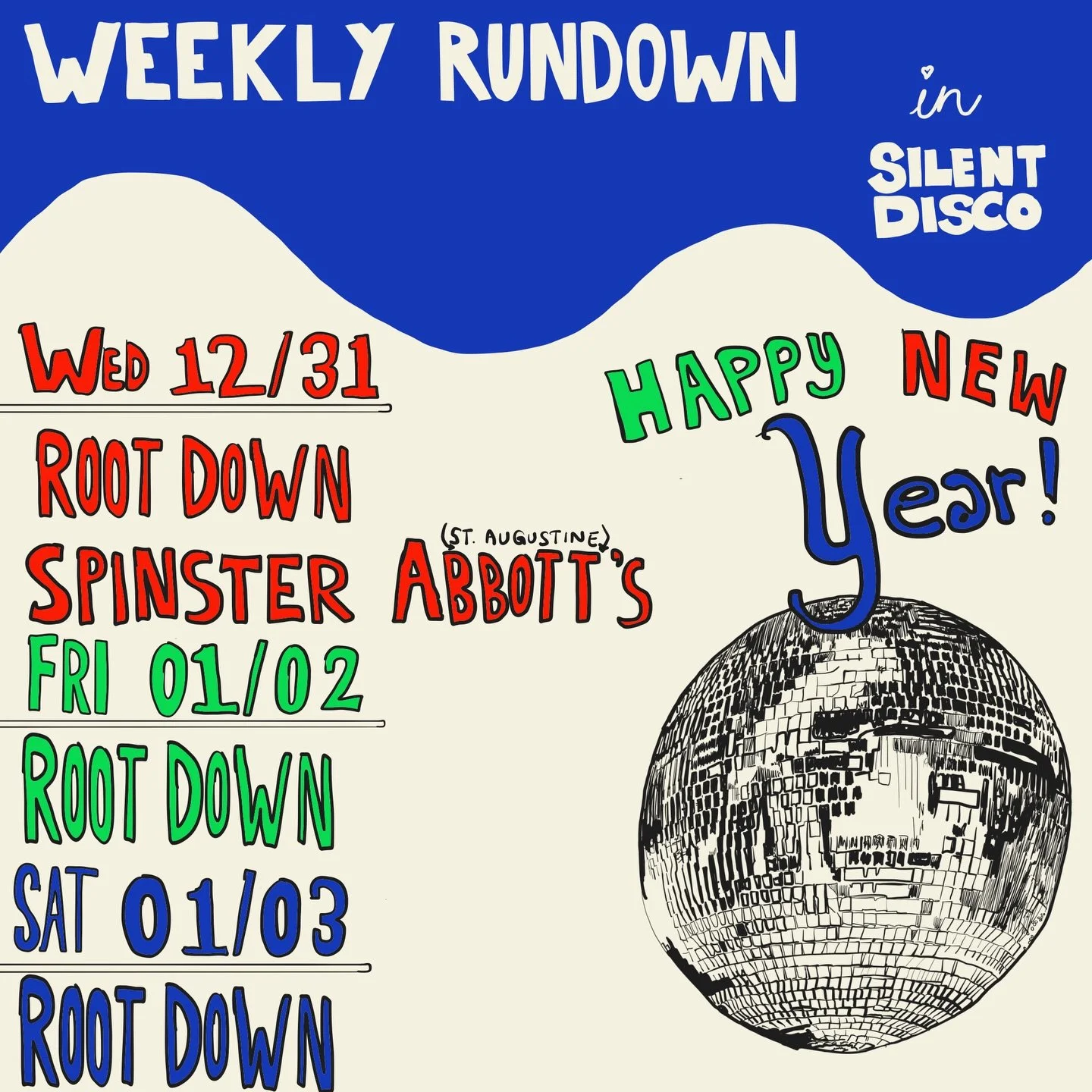 This week&rsquo;s Silent Disco schedule 🪩✨

&bull; NYE SILENT DISCO AT ROOT DOWN
📅 : Wednesday, December 31st
📍 : 1034 Park Street &bull; @rootdownjax 
🕘 : 9pm - 2am
🍻 : Ages 21 &amp; up | ID&rsquo;s checked at the door 🪪
🎧 : FREE entry! Only 