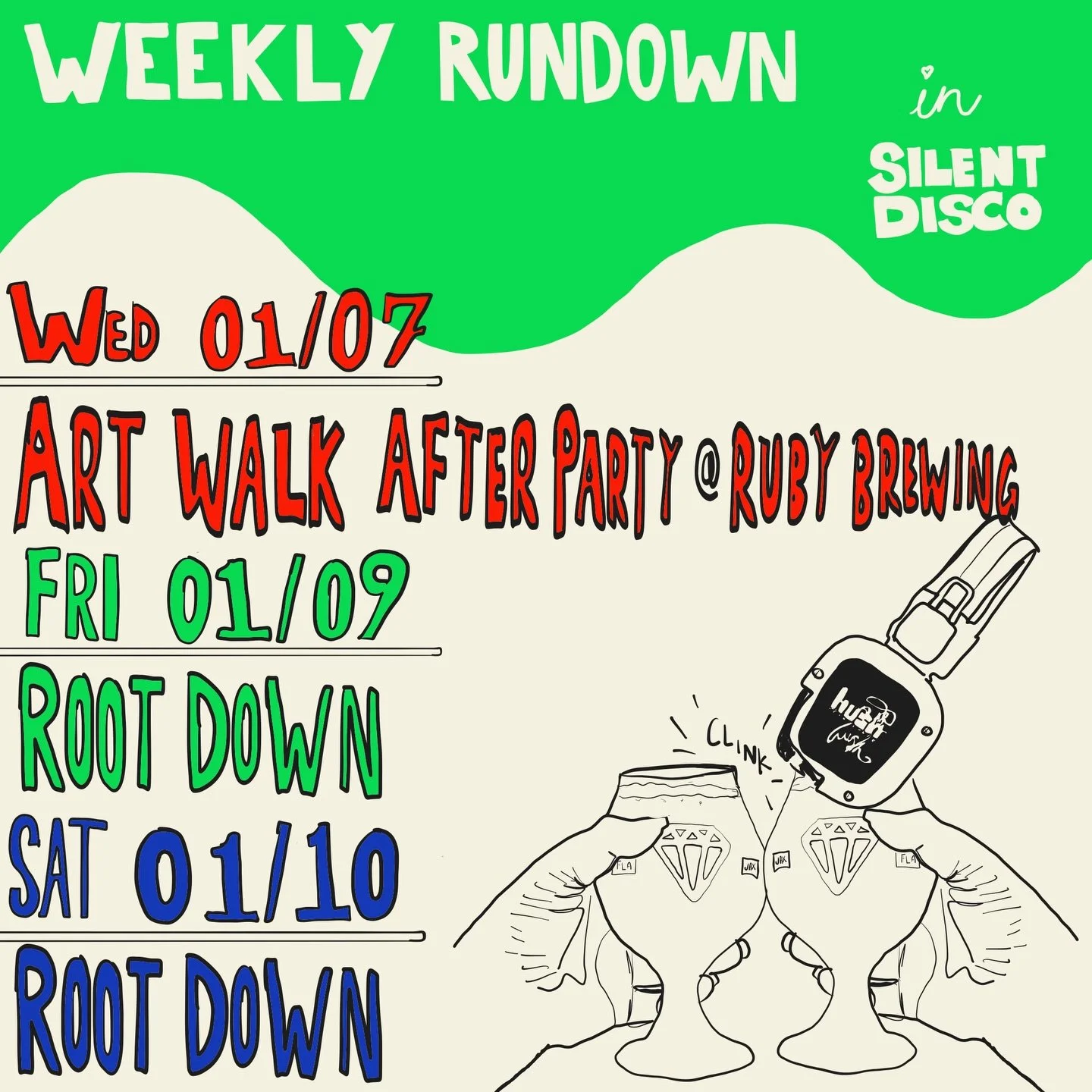 This week&rsquo;s Silent Disco schedule 🪩✨

&bull; ART WALK AFTER PARTY SILENT DISCO
📆 : Wednesday, January 7th
♻️ : Monthly every 1st Wednesday
📍 : 228 E Forsyth St &bull; @rubybch
🕗 : 8pm - 12am
🎧 : $5 headphone rental
🪪 : Ages 18 &amp; up, m