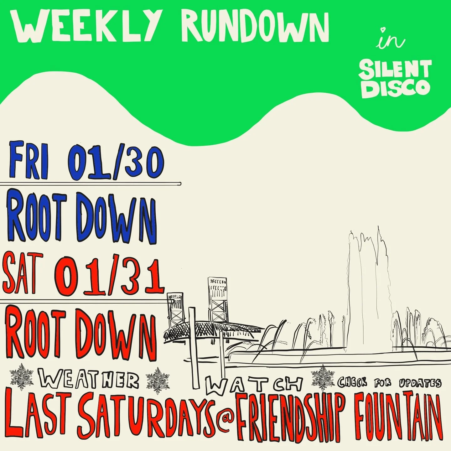 This week&rsquo;s Silent Disco schedule 🪩✨

&bull; ROOT DOWN WEEKLY SILENT DISCO
📅 : Friday, January 30th &amp; Saturday, January 31st
♻️ : Every Fri &amp; Sat | Rain or shine!
📍 : 1034 Park Street &bull; @rootdownjax 
🕘 : 9pm - 2am
🍻 : Ages 21 