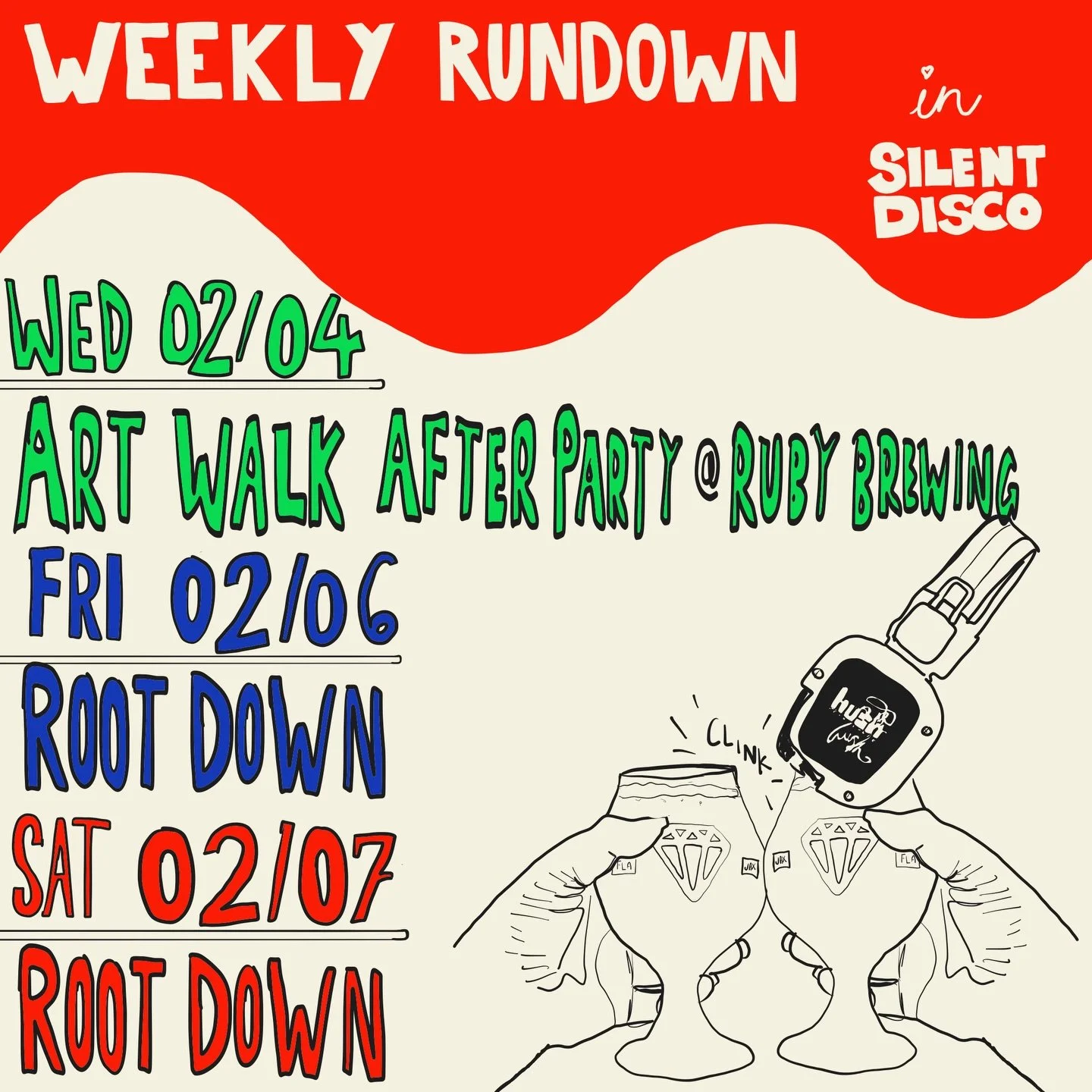 This week&rsquo;s Silent Disco schedule 🪩✨

&bull; ART WALK AFTER PARTY SILENT DISCO
📆 : Wednesday, February 4th
♻️ : Monthly every 1st Wednesday
📍 : 228 E Forsyth St &bull; @rubybeachbrewing 
🕗 : 8pm - 12am
🎧 : $5 headphone rental
🪪 : Ages 18 
