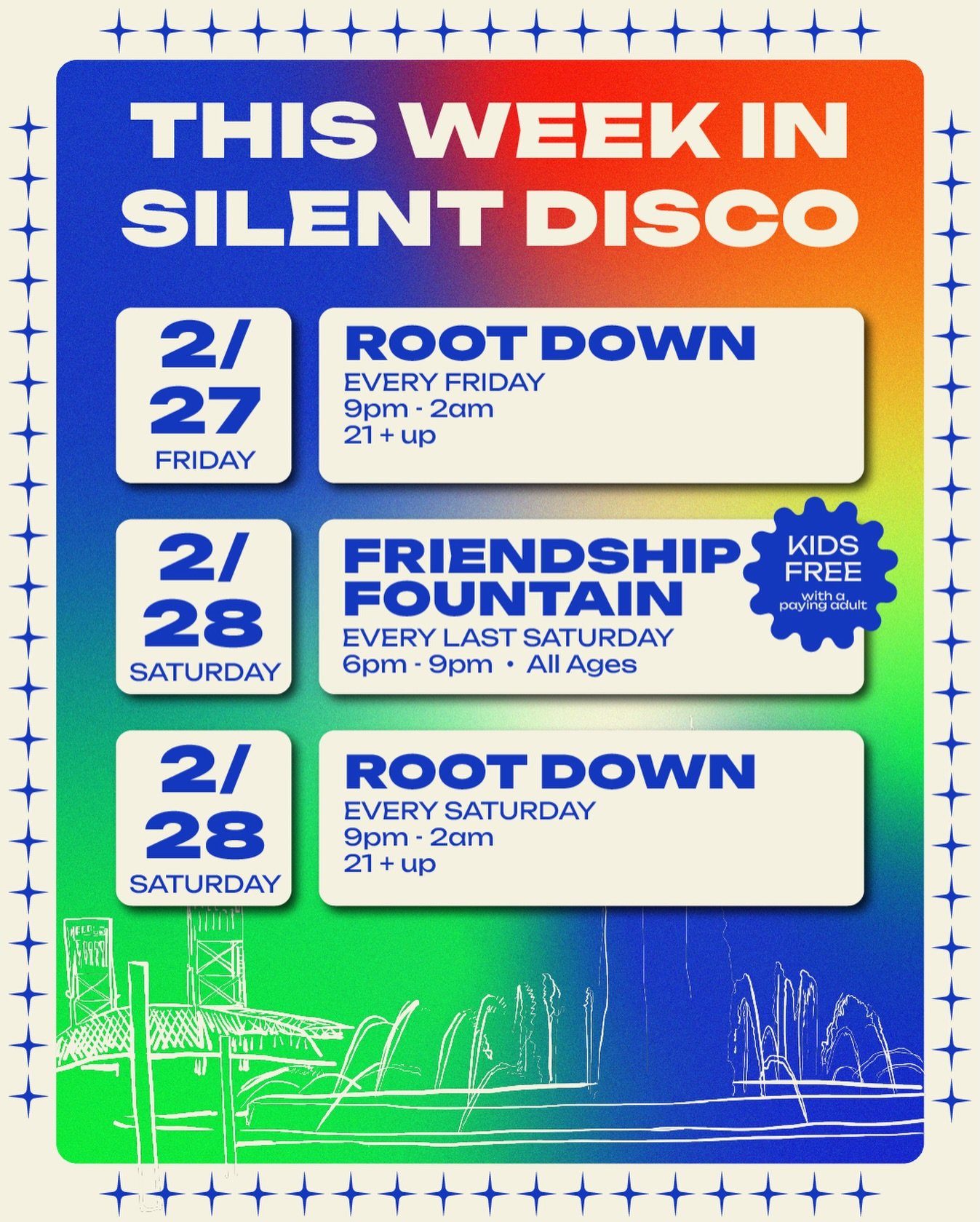 This week in Silent Disco 🪩✨

&bull; LAST SATURDAYS AT FRIENDSHIP FOUNTAIN (KIDS FREE!)
📅 : Saturday, February 28th
♻️ : Every last Saturday each month
📍 : 1015 Museum Circle &bull; @friendshipfountainjax 
🕕 : 6pm - 9pm
🧑&zwj;🧑&zwj;🧒&zwj;🧒 : 