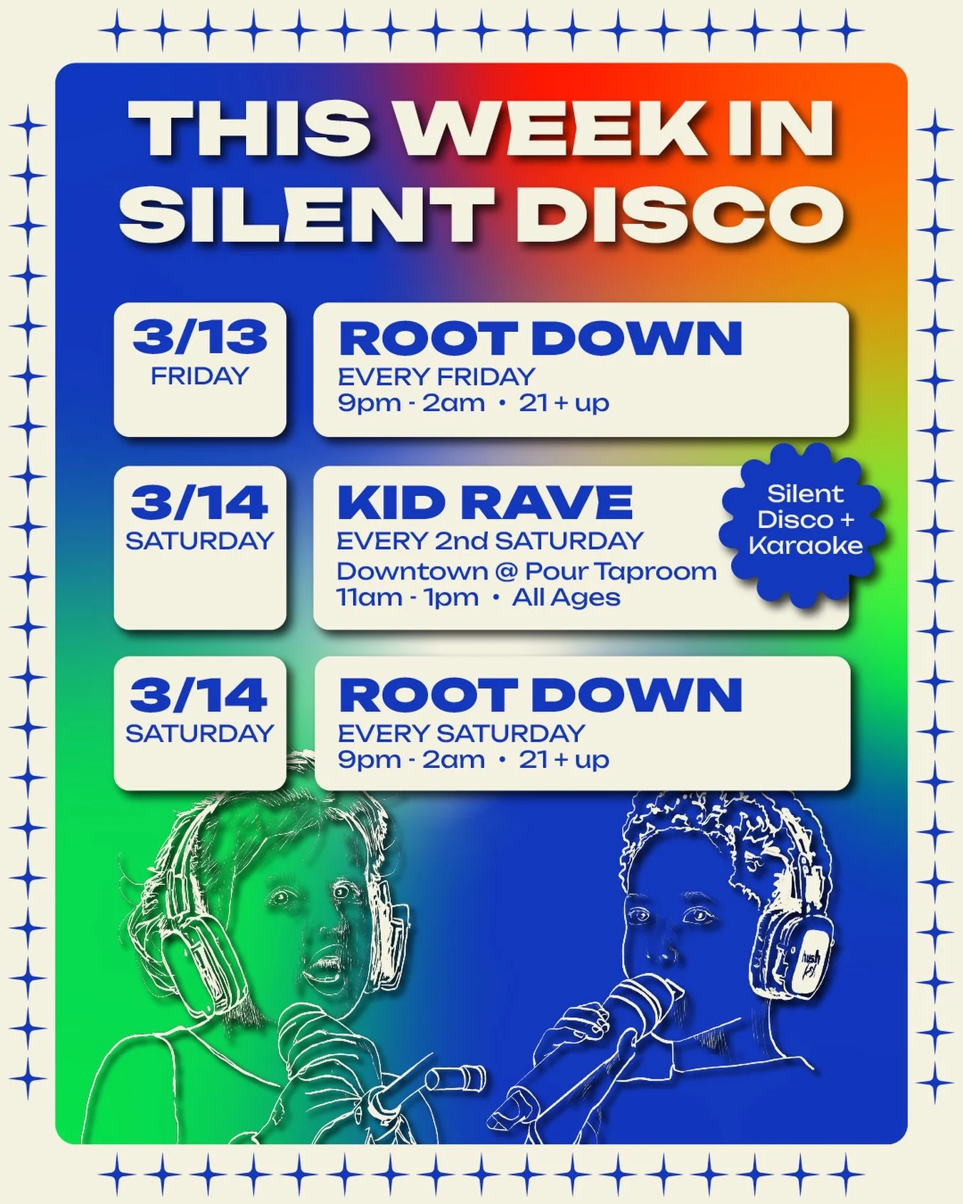 This week&rsquo;s Silent Disco schedule 🪩✨

&bull; ROOT DOWN WEEKLY SILENT DISCO
📅 : Friday, March 13th &amp; Saturday, March 14th
♻️ : Every Fri &amp; Sat | Rain or shine!
📍 : 1034 Park Street &bull; @rootdownjax 
🕘 : 9pm - 2am
🍻 : Ages 21 &amp