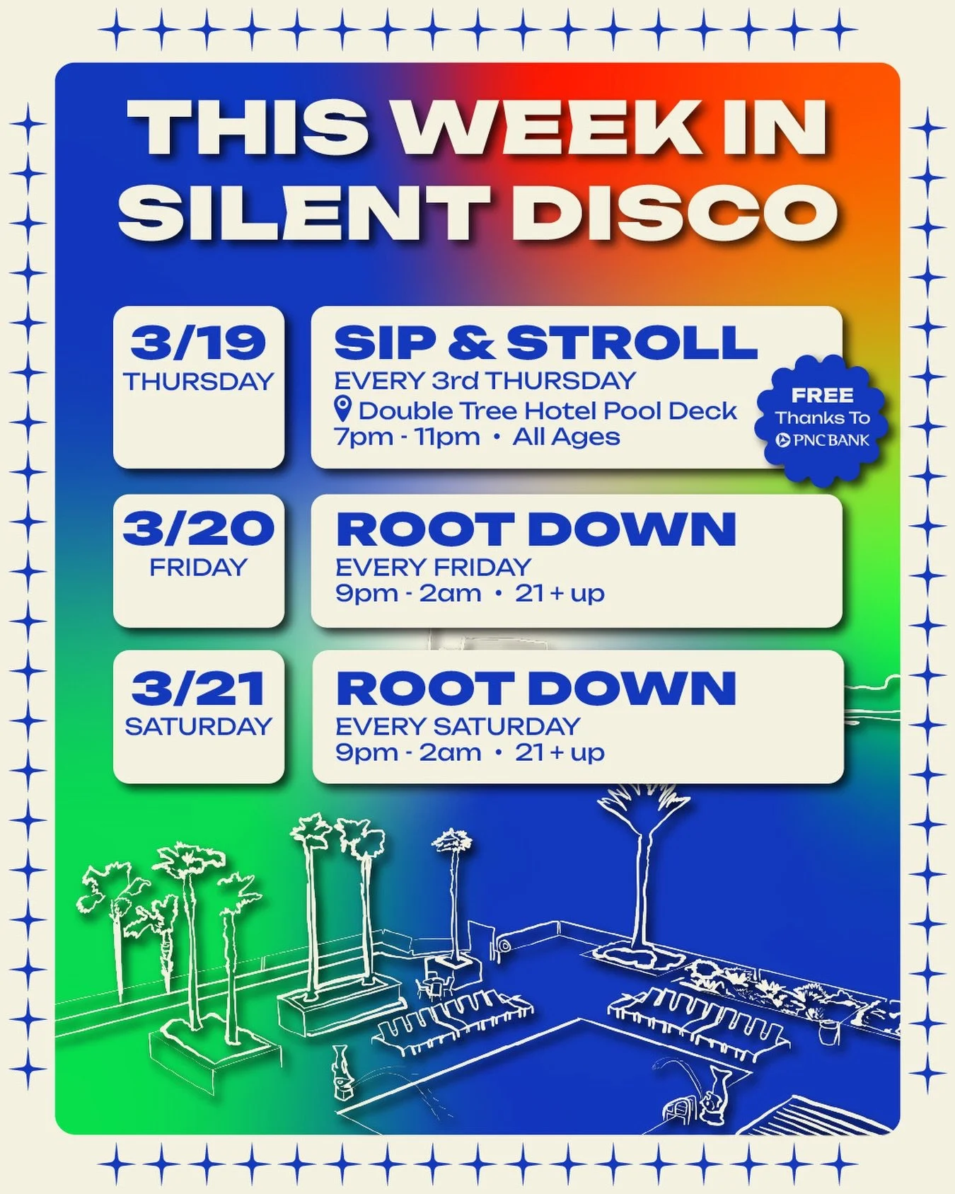 This week in Silent Disco 🪩✨

&bull; SIP &amp; STROLL AFTER PARTY SILENT DISCO (FREE EVENT!)
📆 : Thursday, March 19th
♻️ : Monthly every 3rd Thursday‼️
📍 : 1201 Riverplace Blvd &bull; @doubletree_jax 
🕖 : 7pm - 11pm
🧑&zwj;🧑&zwj;🧒&zwj;🧒 : All 