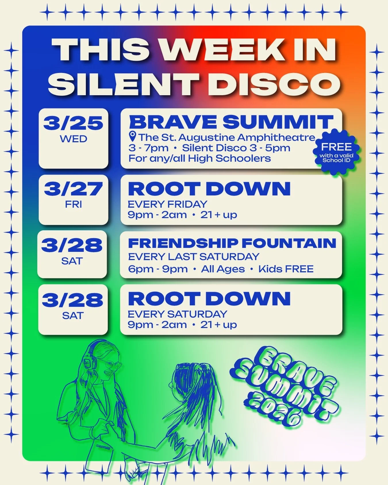 This week in Silent Disco 🪩✨

&bull; BRAVE SUMMIT SILENT DISCO
📅 : Wednesday, March 25th
📍 : The St. Augustine Amphitheatre &bull; 1340C A1A South
🕘 : 3PM - 7PM
📓 : For any &amp; all high-schoolers | Must have a valid high-school ID 🪪
🎧 : FREE