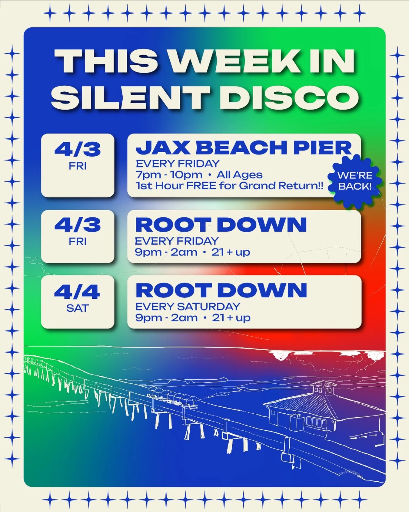 This week in Silent Disco 🪩✨

&bull; SUNSET SILENT DISCO ON THE PIER (GRAND RETURN!)
📆 : Friday, April 3rd
🎟️ : Arrive within the 1st Hour for FREE headphone rental! Limited capacity. First come first serve.
♻️ : Reoccurring EVERY Friday until Oct