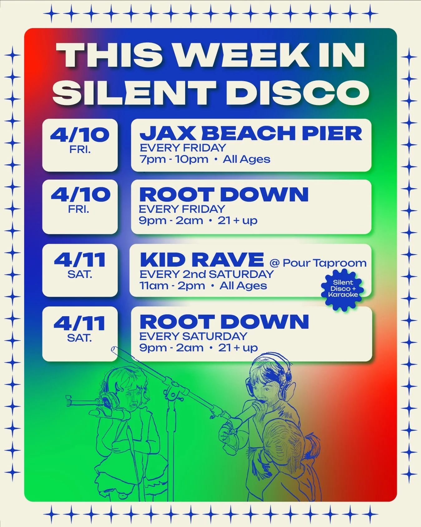 This week in Silent Disco 🪩✨

&bull; SUNSET SILENT DISCO ON THE PIER
📆 : Friday, April 10th
♻️ : Reoccurring EVERY Friday until October (Weather Permitting)
📍 : 503 1st St N &bull; @jaxbeachpier 
🕗 : 7pm - 10pm
🎧 : $5 Kids/Teens (under 18) $10 A