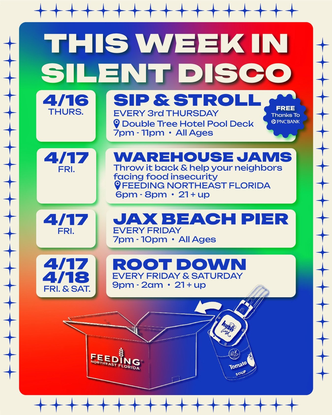 This week in Silent Disco 🪩✨

&bull; SIP &amp; STROLL AFTER PARTY SILENT DISCO (FREE EVENT!)
📆 : Thursday, April 16th
♻️ : Monthly every 3rd Thursday‼️
📍 : 1201 Riverplace Blvd &bull; @doubletree_jax 
🕖 : 7pm - 11pm
🧑&zwj;🧑&zwj;🧒&zwj;🧒 : All 