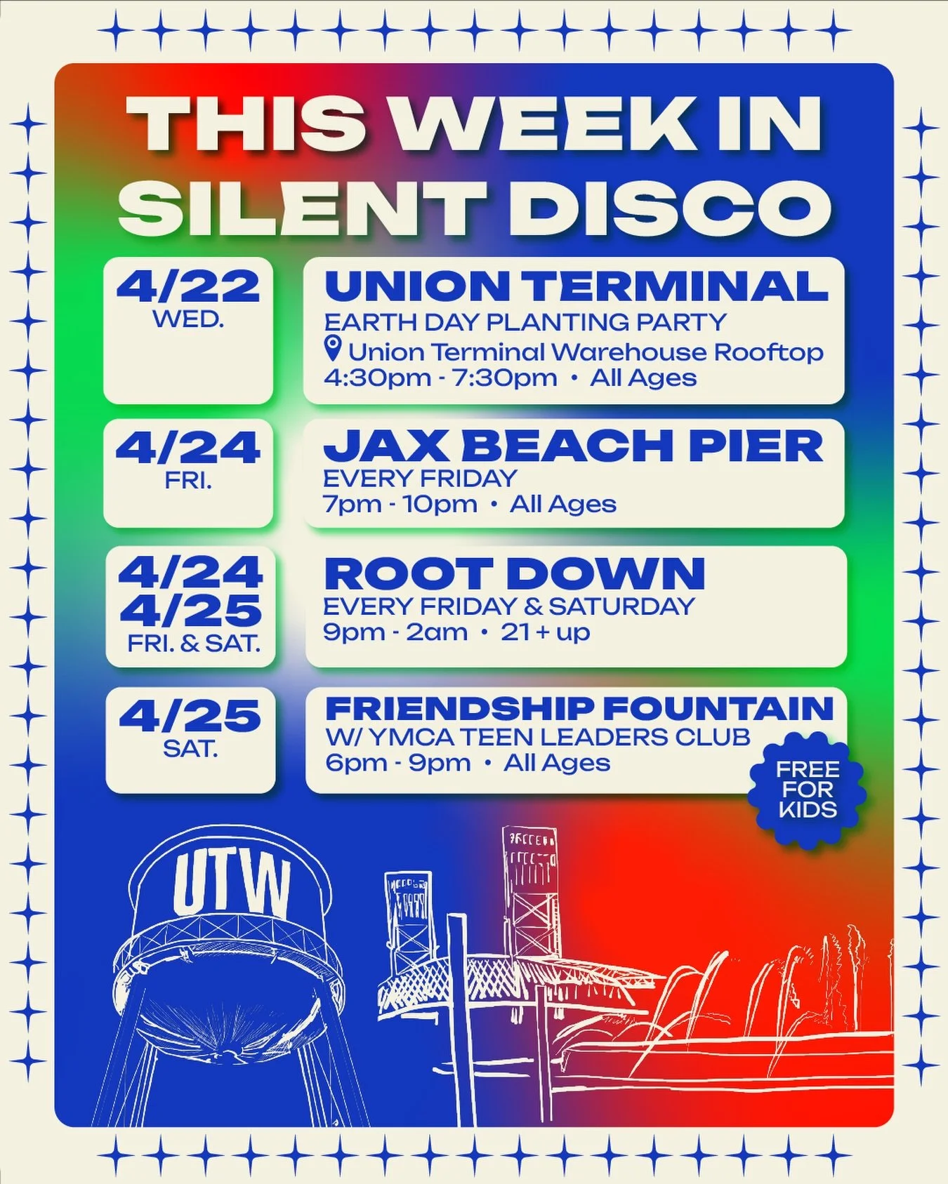 This week in Silent Disco 🪩✨

&bull; ROOFTOP PLANTING PARTY SILENT DISCO
📆 : Wednesday, April 22nd
📍 : 700 East Union Street &bull; @utwjax 
🕖 : 4:30PM - 7:30PM
🧑&zwj;🧑&zwj;🧒&zwj;🧒 : All ages welcome 💃🏻🕺🏽
🎧 : Celebrate Earth Month with u
