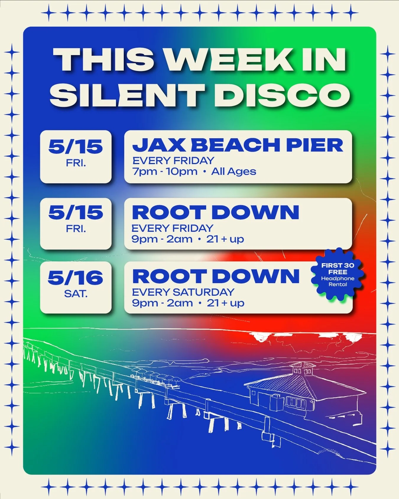 This week in Silent Disco 🪩✨

&bull; SUNSET SILENT DISCO ON THE PIER
📆 : Friday, May 15th
♻️ : Reoccurring EVERY Friday until October (Weather Permitting)
📍 : 503 1st St N &bull; @jaxbeachpier 
🕗 : 7PM - 10PM
🎧 : $5 Kids/Teens (under 18) $10 Adu