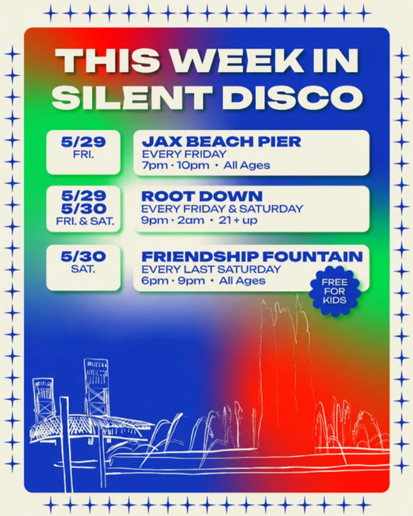 This week in Silent Disco 🪩✨

&bull; SUNSET SILENT DISCO ON THE PIER
📆 : Friday, May 29th
♻️ : Reoccurring EVERY Friday until October (Weather Permitting 🌧️)
📍 : 503 1st St N &bull; @jaxbeachpier 
🕗 : 7PM - 10PM
🎧 : $5 Kids/Teens (under 18) $10